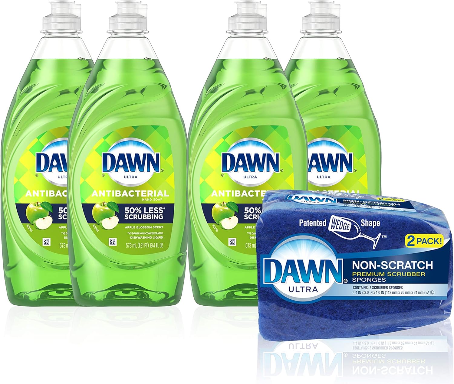 Dawn Dish Soap Antibacterial Dishwashing Liquid + Non-Scratch Sponges for Dishes, Apple Blossom Scent, Includes 4x19.4 oz + 2 Sponges (Packaging May Vary) : Health & Household