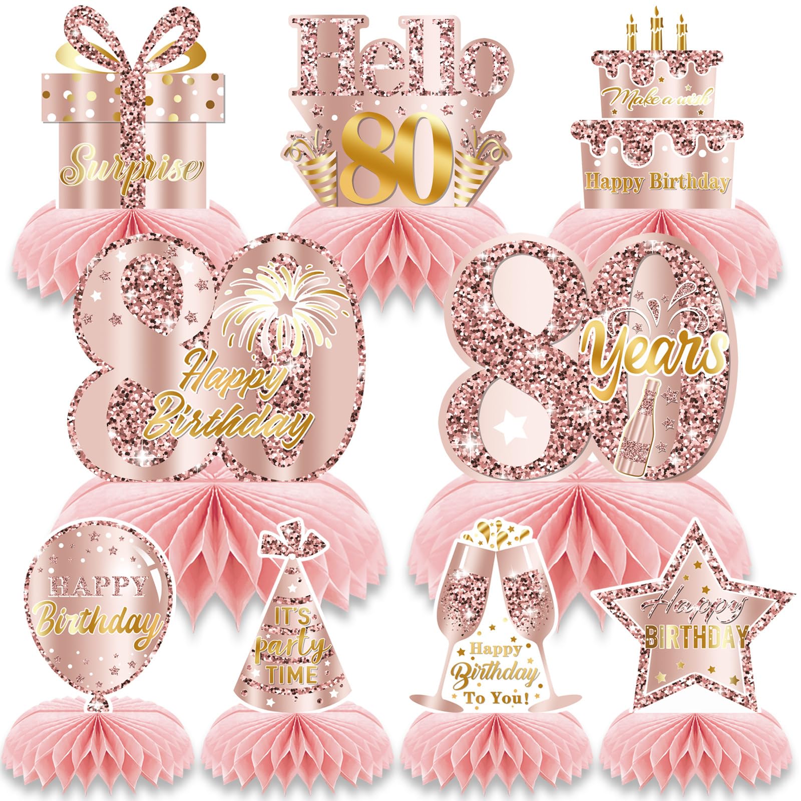 80th Birthday Honeycomb Decorations 9 Pcs Rose Gold Centerpieces Pink Table Decorations for 80th Birthday Party Happy Birthday Table Centerpieces Party Supplies for Women Girls (80th)