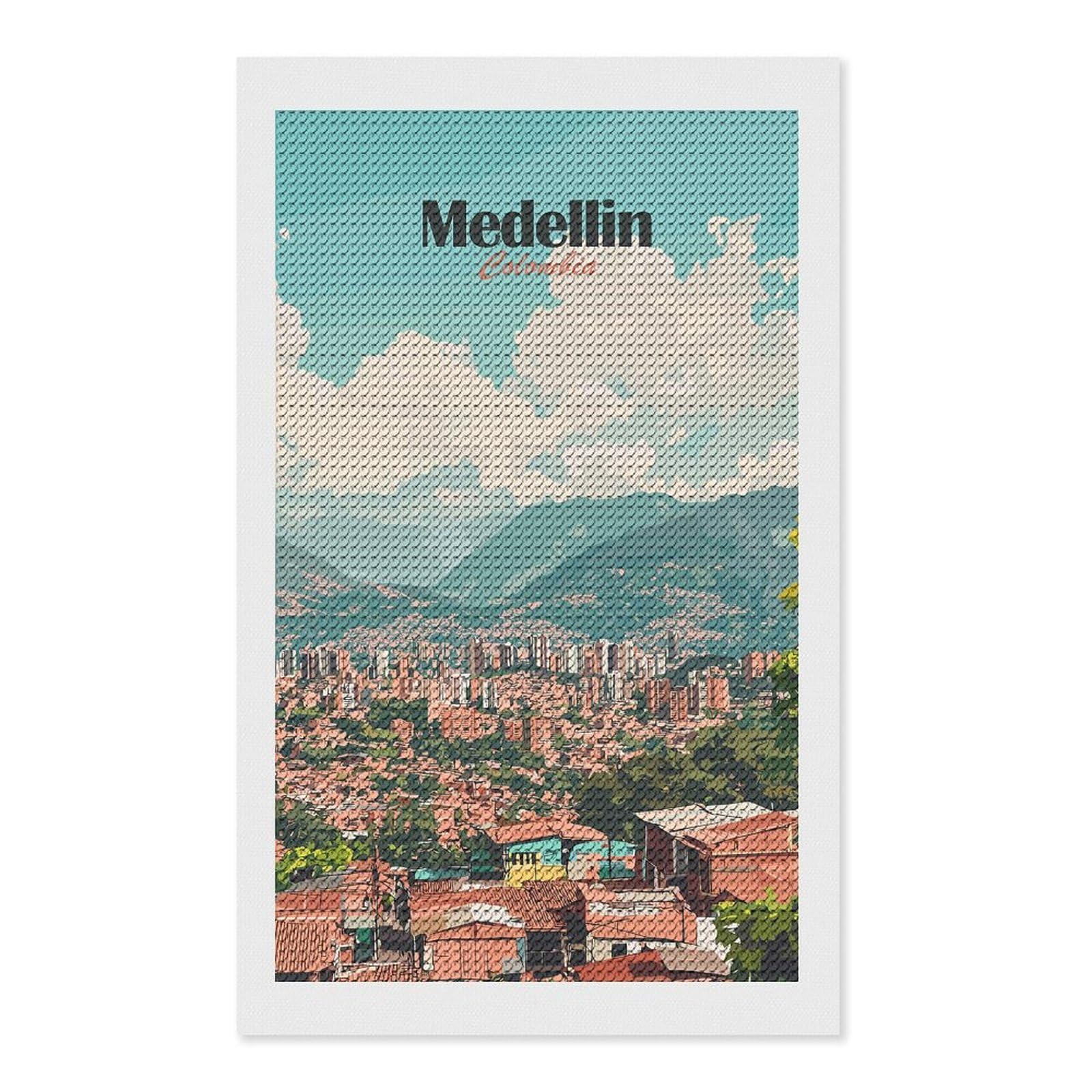 Junmoney Medellin Cityscape(3) Diamond Painting Canvas Kit 12"x20", Round Gems, Living Room Decor, Seasonal Gift Choice, Modern Decor
