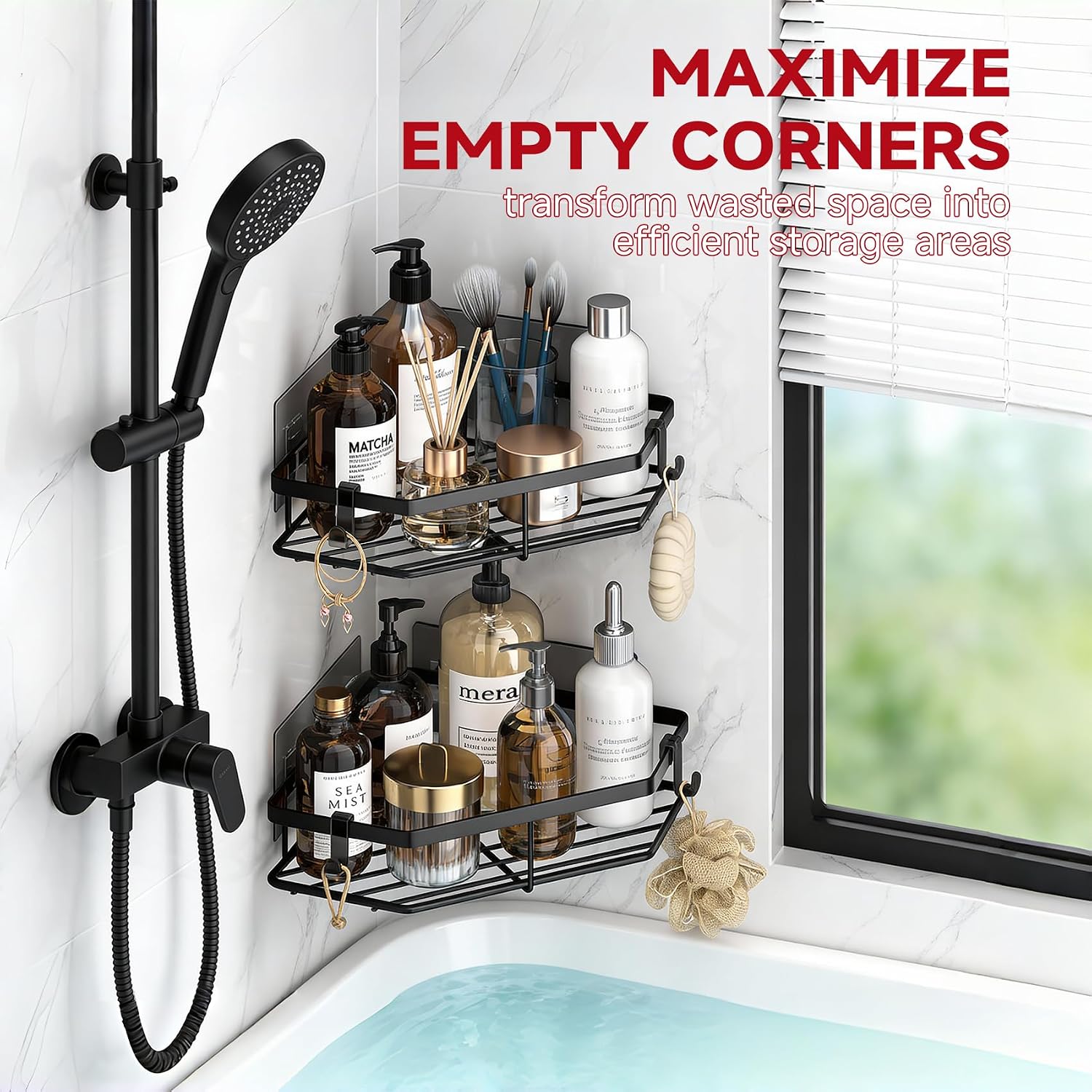 Corner Shower Caddy, 5-Pack Adhesive Shower Corner Organizer Shelves, No Drilling Stainless Steel Shower Storage Rack with Soap&Toothpaste Holder for Bathroom, Dorm and Kitchen (black)