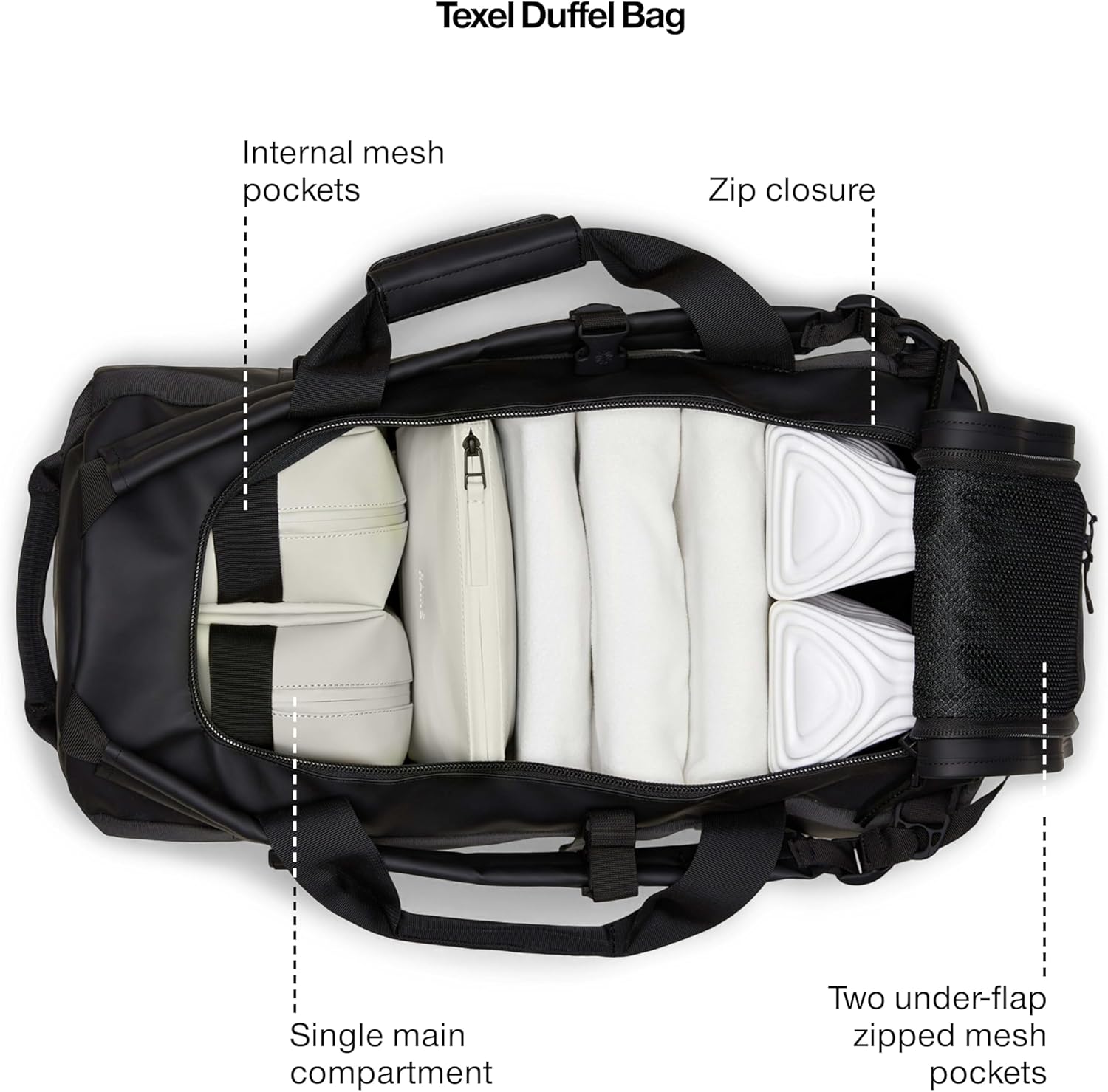 RAINS Texel Duffel Bag - Waterproof Black Large Travel Bag with U-Shaped Zip Closure, Compression Straps, Mesh Pockets, and Padded Carry Handles - 2 Year Warranty
