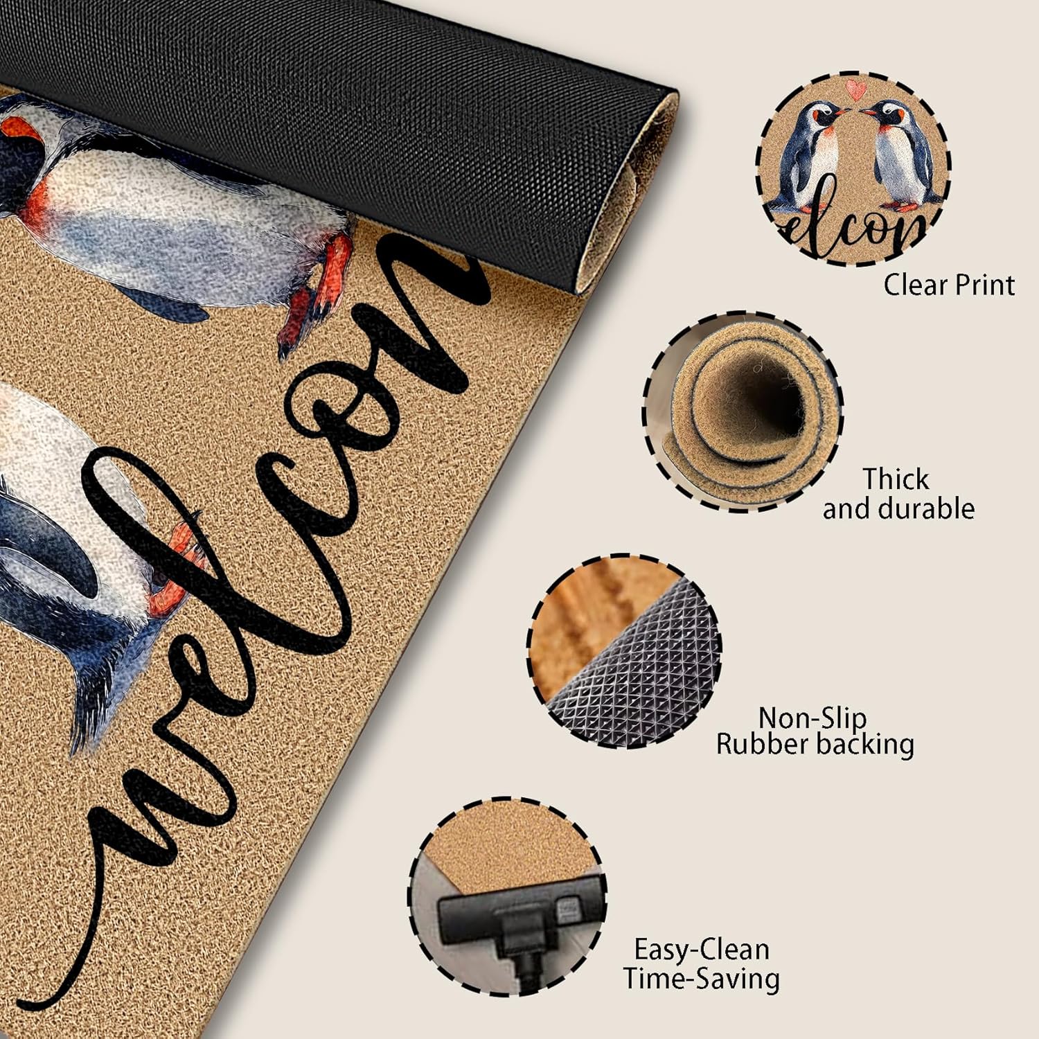 Valentines Day Penguin Coco Coir Doormat Door Welcome Mat for Home Entrance Front Door, Penguin Gifts for Women, Cute Pengui Valentine Heart Floor Mats for Outdoor Outside Entryway 30x17 Inch