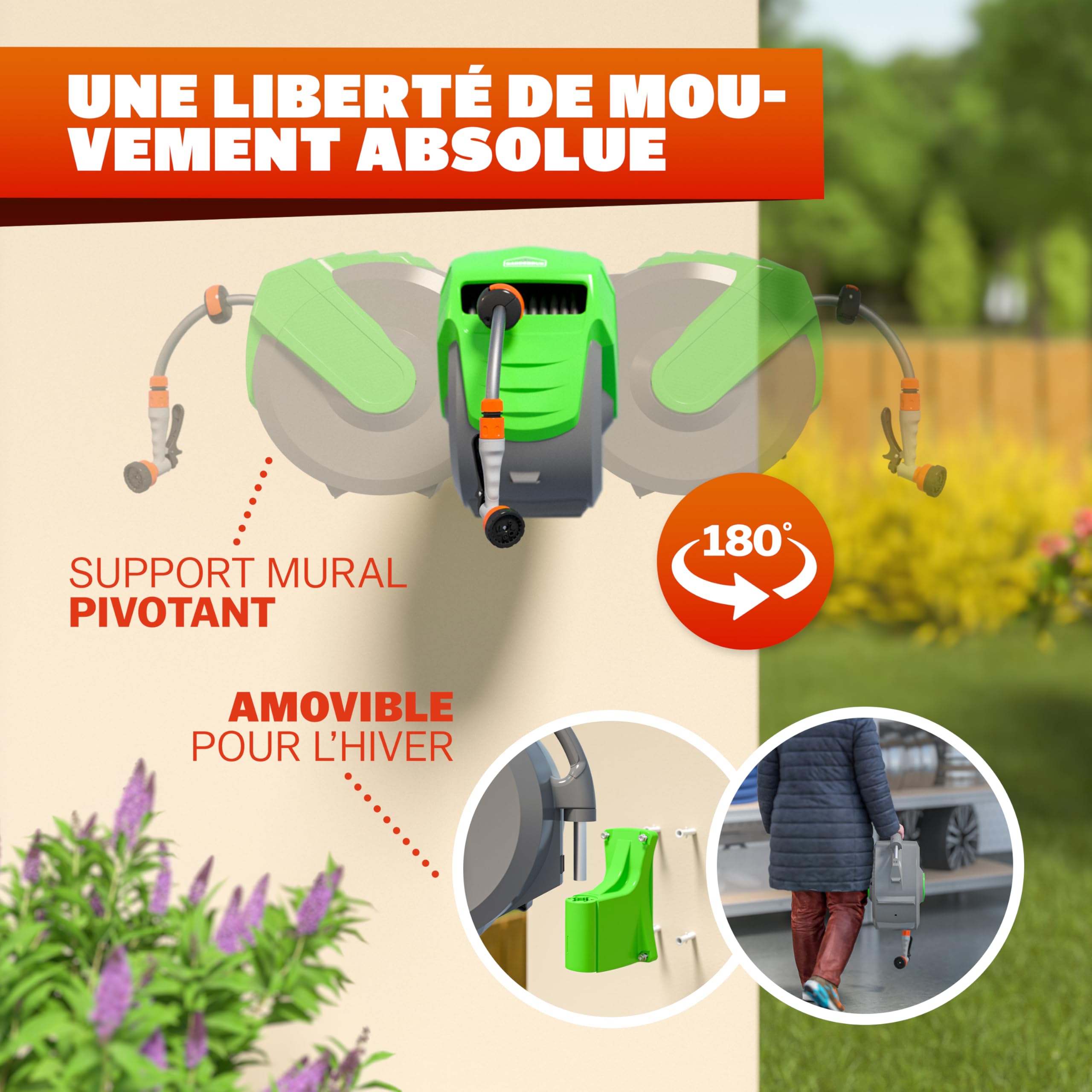 GARDEBRUK® Dévidoir enrouleur de tuyau d'arrosage automatique 20m + 2m support mural 1/2' buse multijet 7 fonctions enrouleur arrosage jardin