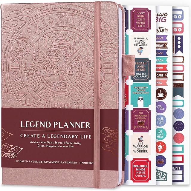 Legend Planner Deluxe Weekly & Monthly Life Planner to Hit Your Goals & Live Happier. Organizer Notebook & Productivity Journal. A5 Hardcover, Undated Start Any Time + Stickers Rose Gold