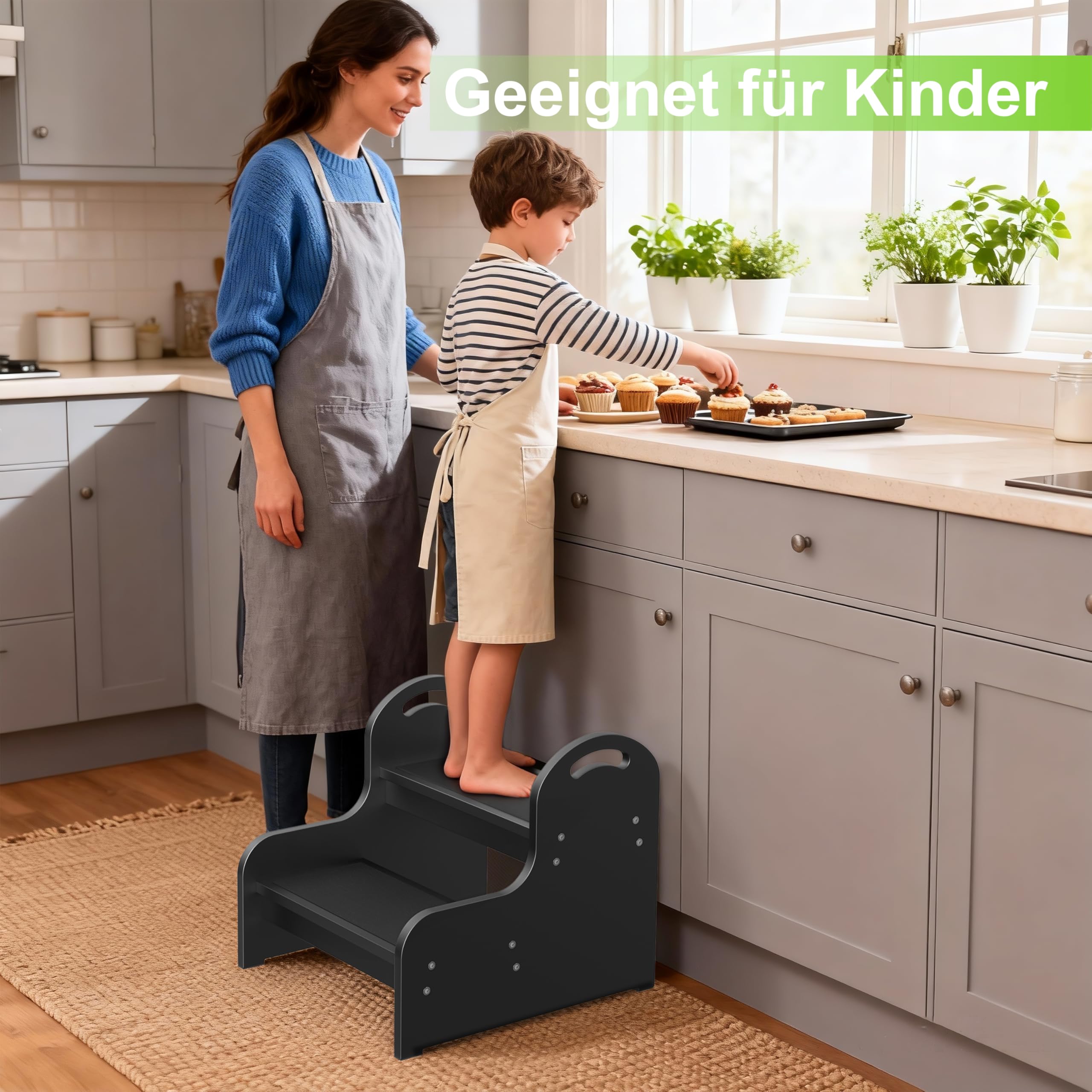Wood 2 Tritthocker für Kinder und Erwachsene mit Rutschfester Trittfläche, Anti-Rutsch-Hochleistung 2-Schritt-Ladder, Kinderstuhl für Badewanne/Toilette/Küche/Bett (Schwarz B)