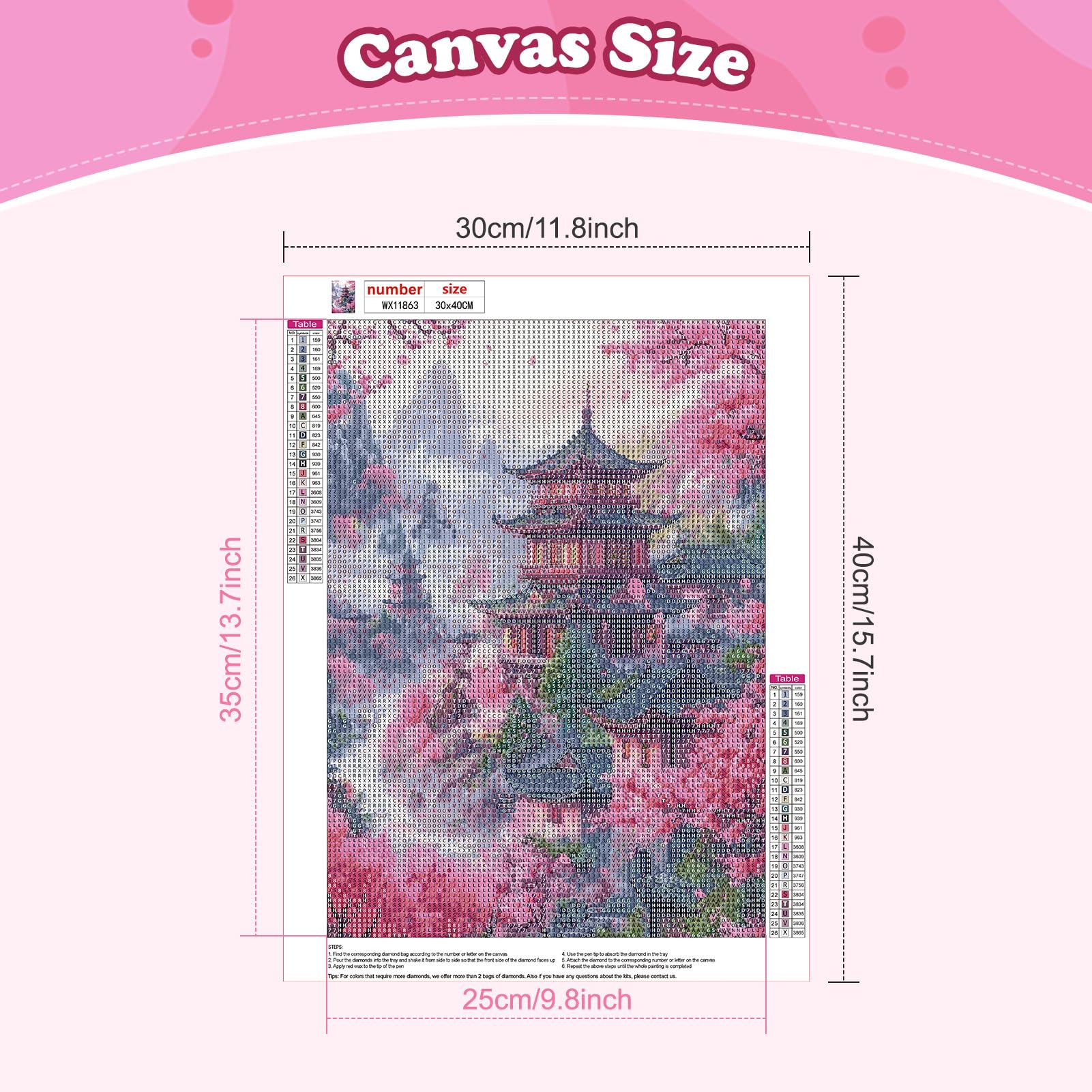 DAERLE Diamond Painting Flowers and Ancient Building, Diamond Art Kits for Adults Cherry Blossom Landscape - Image 3