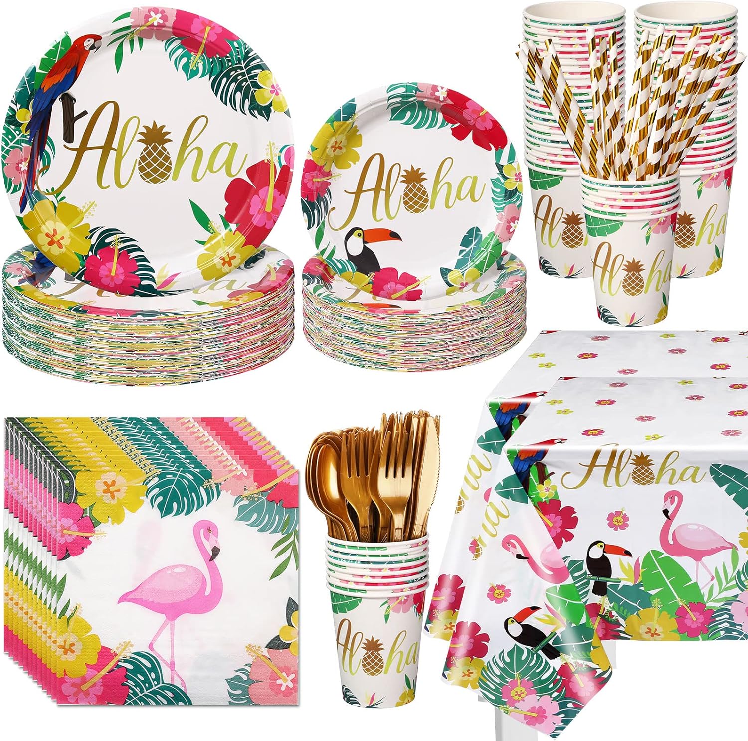 Didaey 194 Pcs Hawaiian Tropical Luau Party Decorations Supplies 24 Guest Aloha Disposable Dinnerware Set Flamingo Tablecloths Paper Plate Cup Napkin Straw Fork Knives Spoon for Summer Birthday Beach
