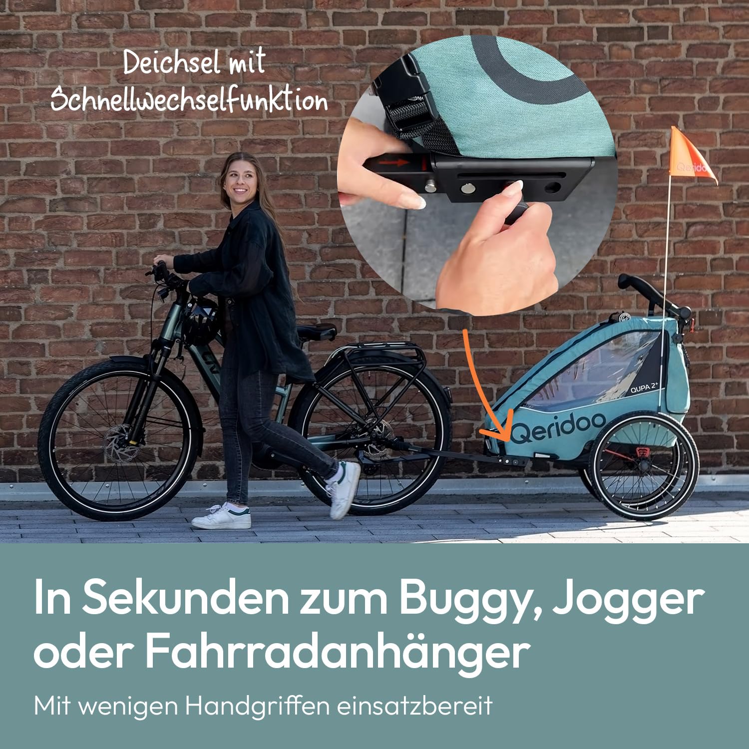 Qeridoo QUPA 2 Plus Mineral Blue Jogger-Set | Fahrradanhänger 2 Kinder mit Joggerrad, Kupplung & Faltgarage | Fahrrad Anhänger Kinder | Kinderanhänger Fahrrad | Jogger Kinderwagen
