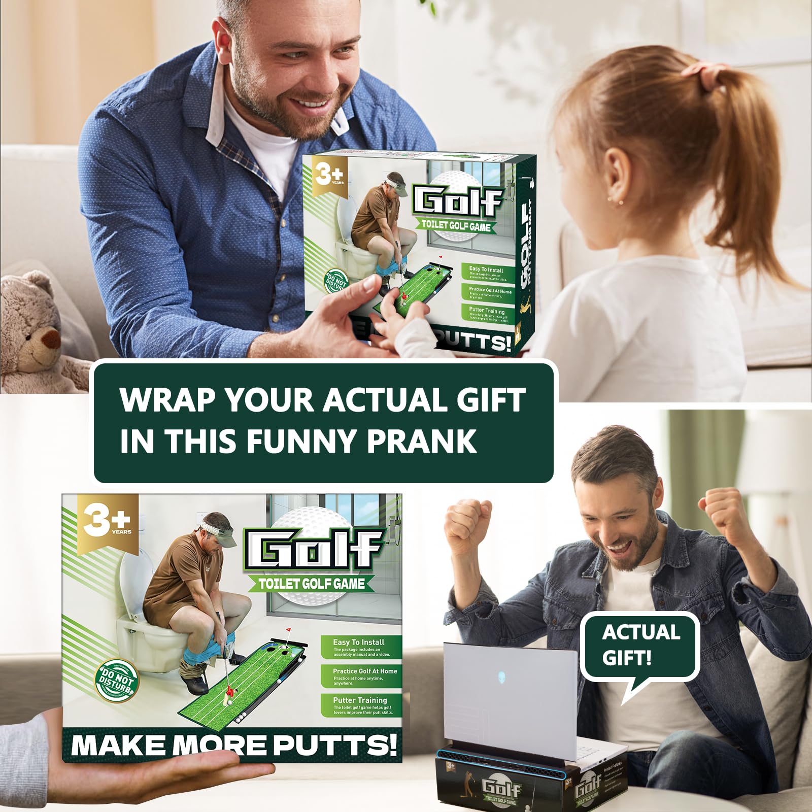 Prank Gift Box, Toilet Golf Game Facade, Wrap the Actual Gifts with a Prank Empty Gag Box, Funny Christmas Gag Presents Ideas for Dad Men Boyfriend(Pack of 1)