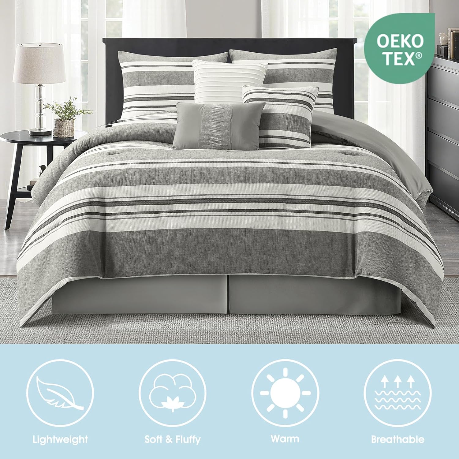 LANCO MODERN LIFESTYLE 7 Piece Queen Size Comforter Set, White Grey, Striped Jacquard Design, Soft and Cozy for All Seasons, Bed in a Bag with Comforter, Pillow Shams, Decorative Pillows and Bedskirt