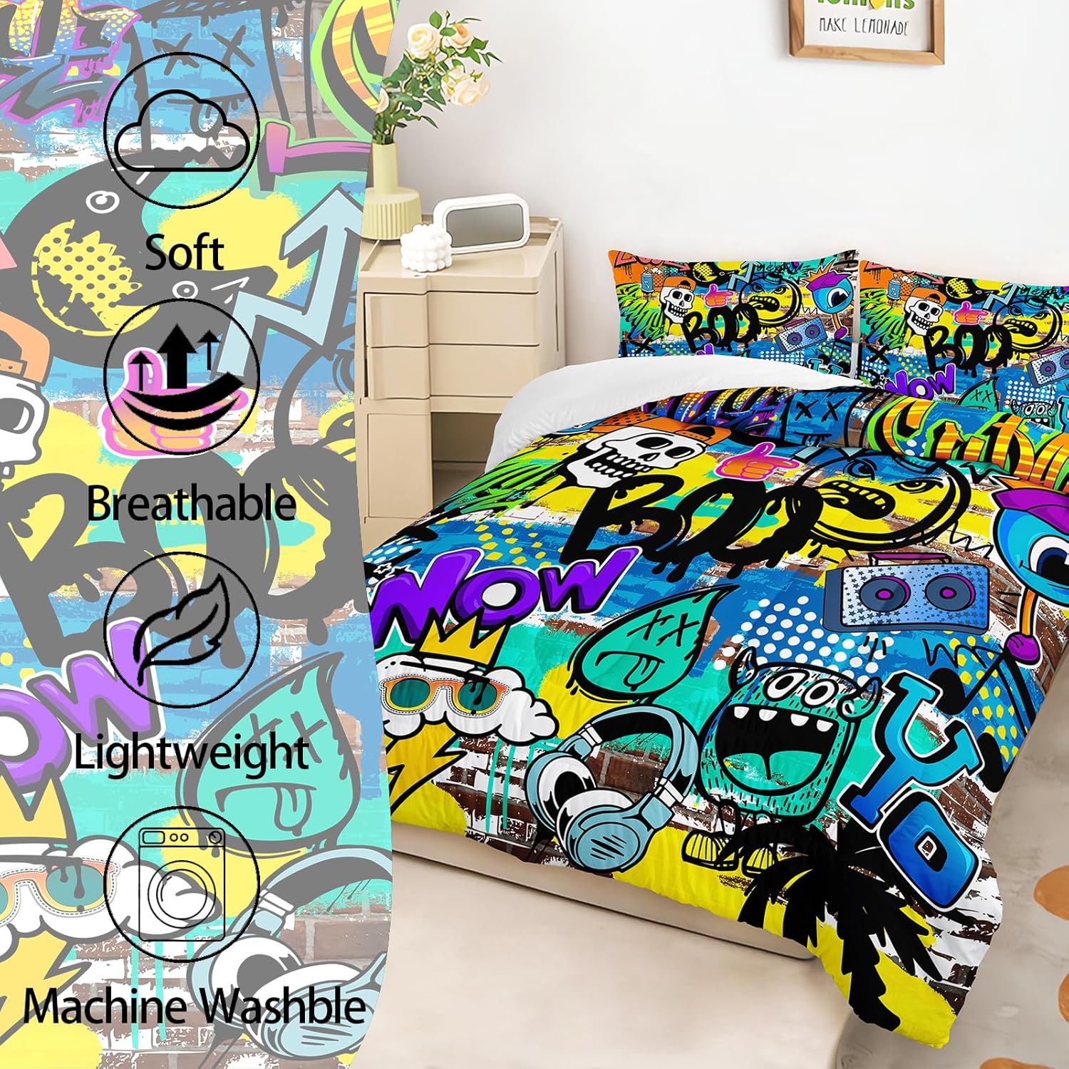 AILONEN Cartoon Skull Bedding Set Full Size, Graffiti Theme Spray Paint Ink Textured Silhouette Comforter Set,Hip-Hop Style Soft Breathable Duvet Set for Boys Girls 3Pcs, 1 Quilt and 2 Pillowcases
