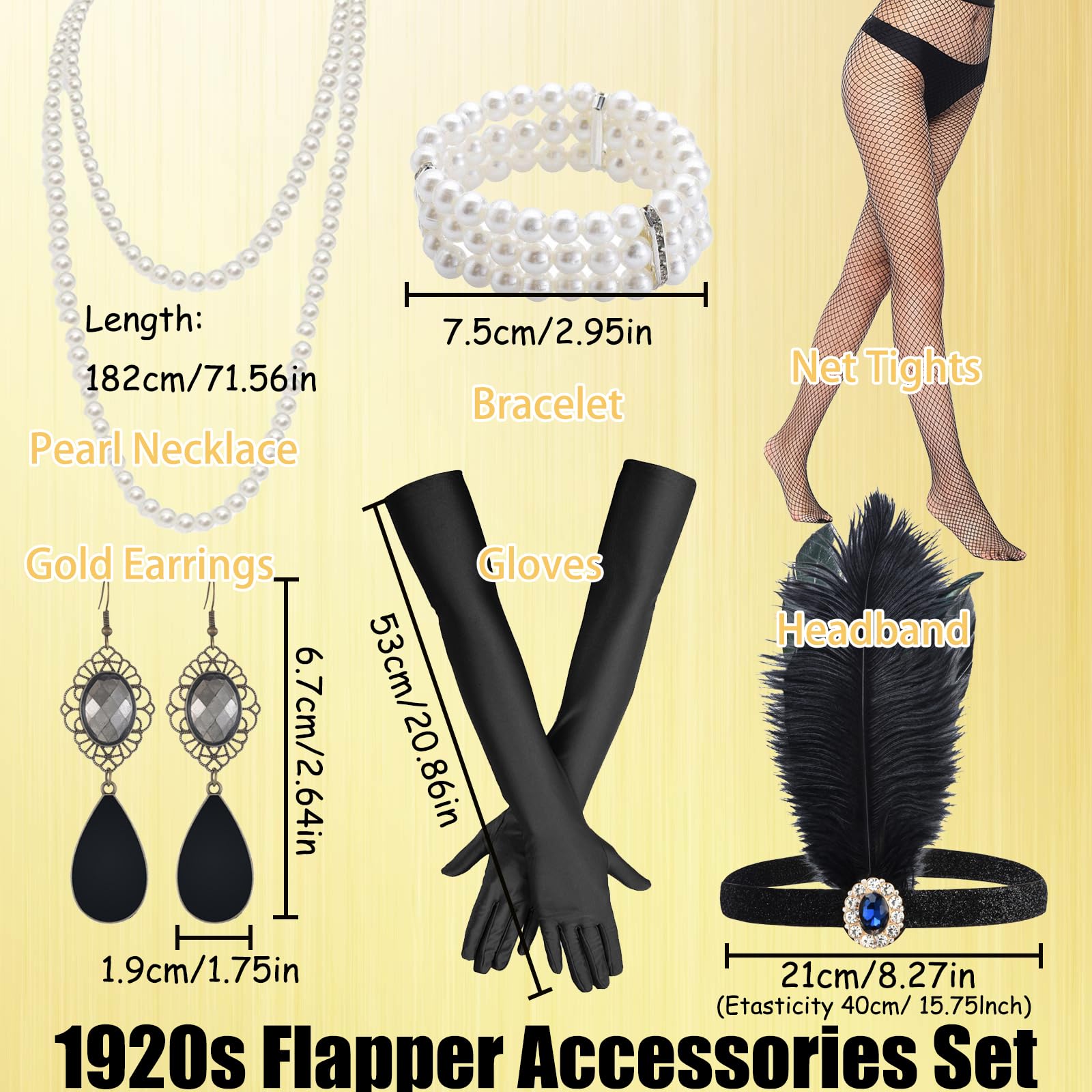 GIEEU 7 Pieces 1920 Accessories Set,Great Gatsby Accessories for Women,20s Party Costume Headband,Black Long Gloves - Image 4