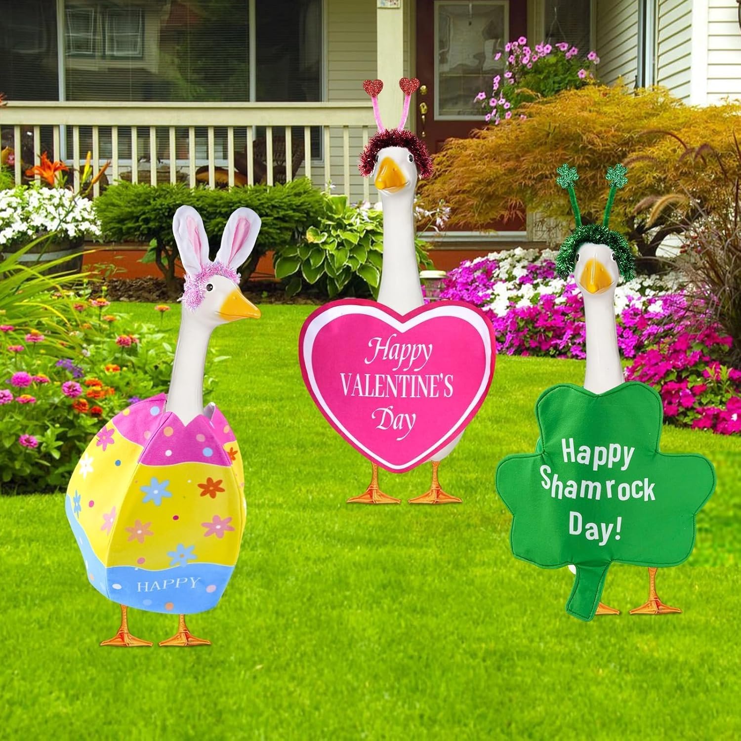 3 Sets Easter Porch Goose Outfits for 23'' Goose Statue Valentines St. Patrick Day Porch Goose Costume Clothes Spring Lawn Garden Patio Yard Porch Outdoor Decorations