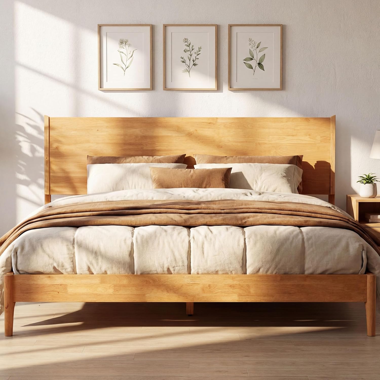 Acacia Haven King Size Bed Frame and Headboard, Solid Wood Platform Bed Frame Scandinavian Bed Compatible with All Mattress Types, No Box Spring Needed, 800lbs Wood Slats Support, Natural Oak