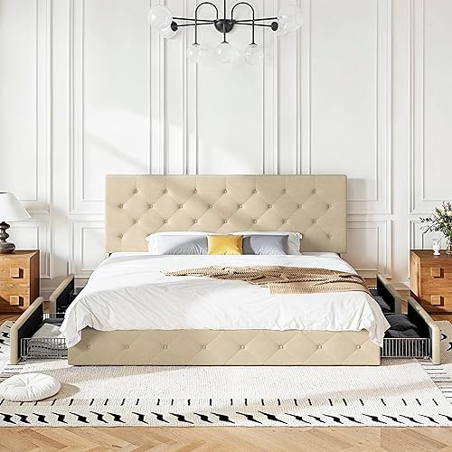 Miniatura 107 de HOOMIC Base de cama de almacenamiento de plataforma de tamaño matrimonial con 4 cajones y cabecera ajustable, listones de madera, no necesita Negro,