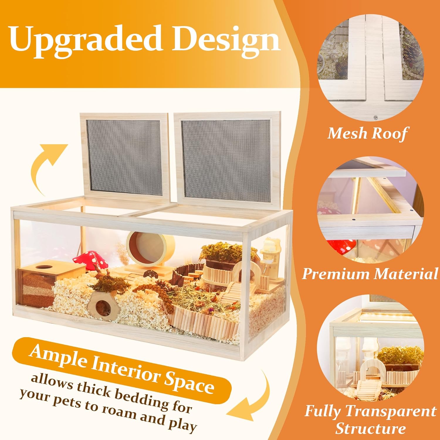 PROLEE Hamster Cage with Metal Mesh Top, Chewproof Wooden Guinea Pig Cages, Mice and Rat Habitat,Large Hamster Cages with Acrylic Sheets Solid Built (32X16X16 Inch)