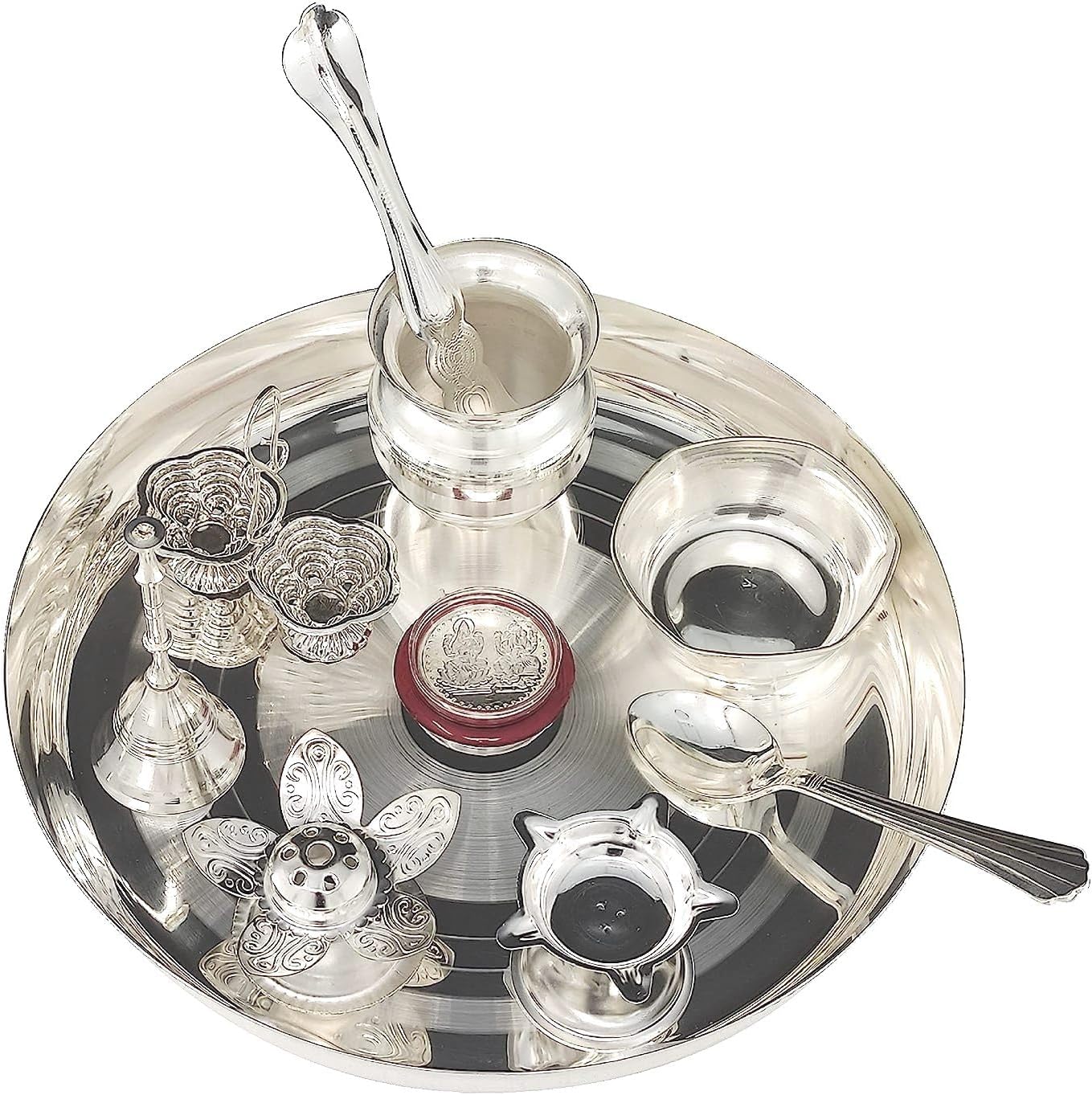 BENGALEN Pooja thali Set Silver Plated with 8 Inch Plate Diya Kalash Bowl Ghanti Dhup Dan Palli Spoon Kumkum Stand Coin Puja Thali for Diwali Home Mandir Office Wedding Return Gift Items