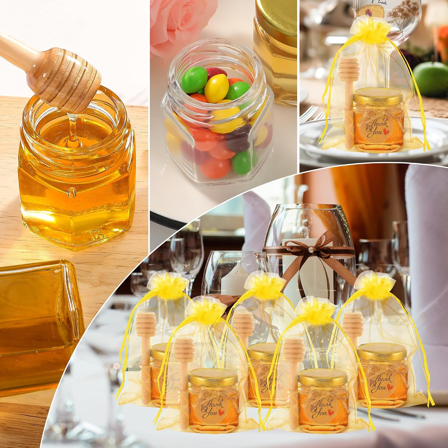  1.5 oz Mini Glass Honey Jars Party Favors,8 Pack Small Hexagon Glass Honey Jars with Dippers,Lids,Gold Bags,Thank You Cards,Jutefor Baby Shower Favors,Wedding party gift thumbnail