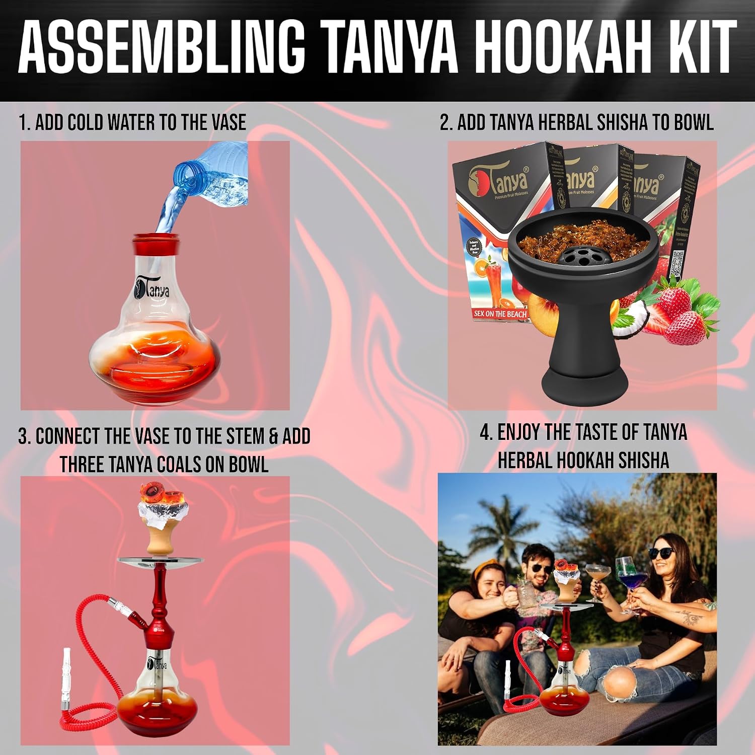 TANYA Basha Kit All In One Hookah Single Hose Travel Size Combo Kit Shisha Hookah Set W/Foil Bowl Disposable Tips Tongs & Tanya Herbal Flavors 16" Tall (Silver)