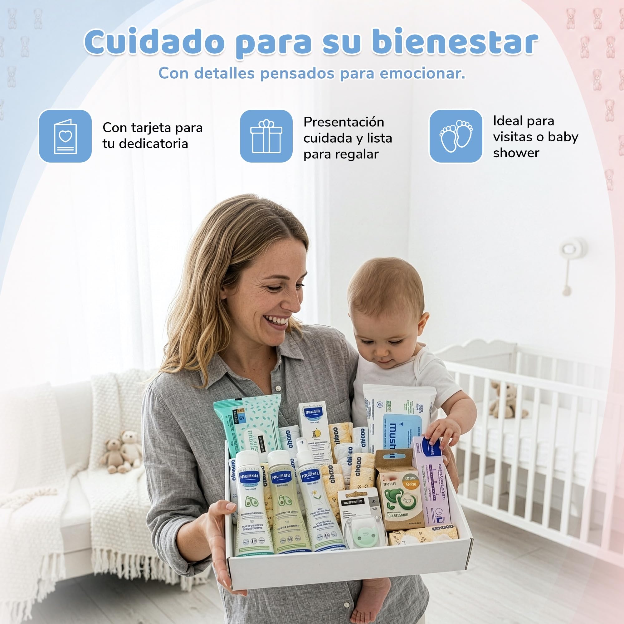 Canastilla Bebé Recién Nacido Cesta Regalo Unisex Niño Niña Kit Higiene Completo con Gel Champú Colonia Toallitas Pañales Chupetes y Broche Pack Bebé Recién Nacido Baby Shower Bautizo Mamás Primerizas