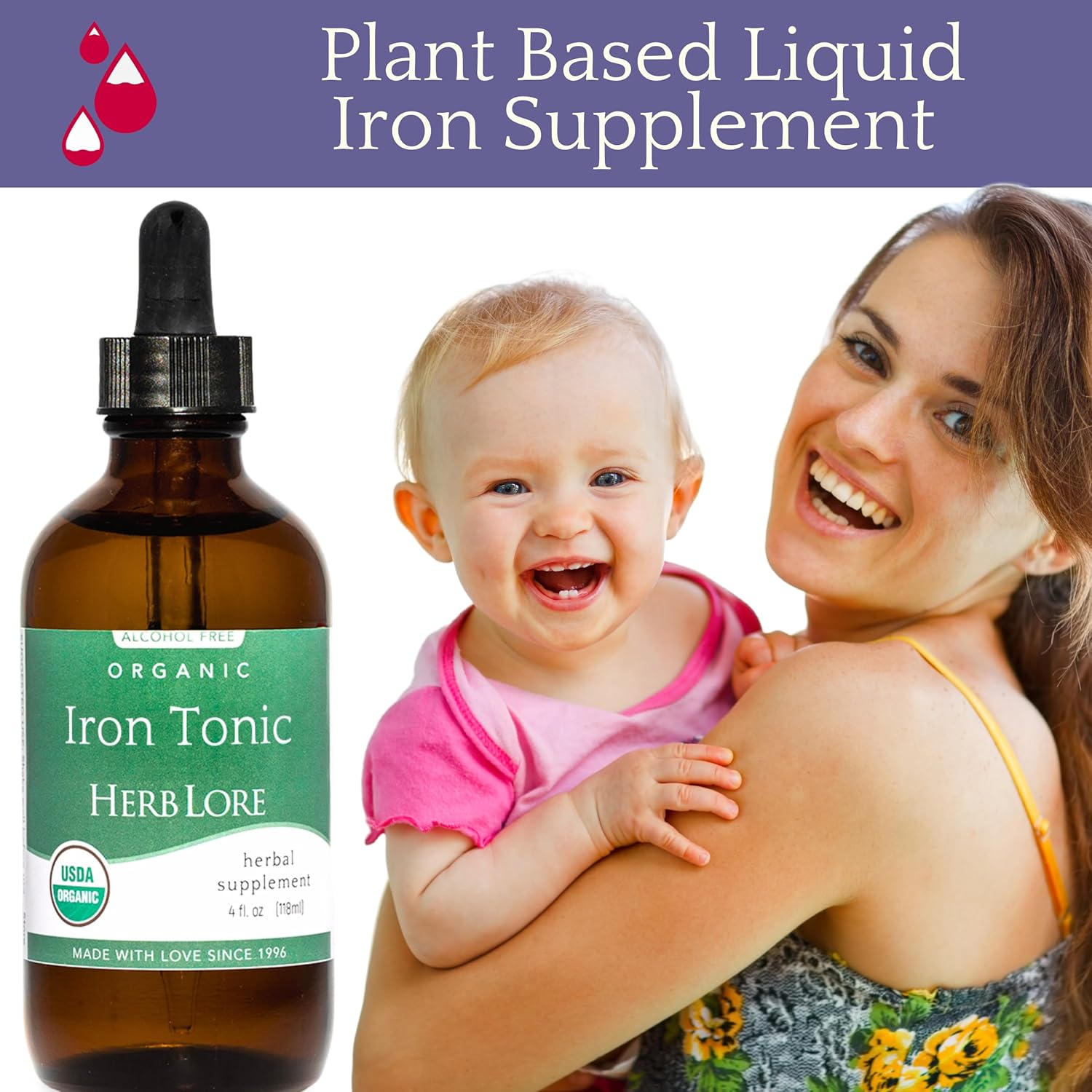 Herb Lore Iron Tonic - Organic Liquid Iron Drops Supplement for Kids & Women - Baby, Infant & Toddler Friendly - Plant Based, Vegan, Gentle, Non Constipating Herbal Tincture (4 fl oz)