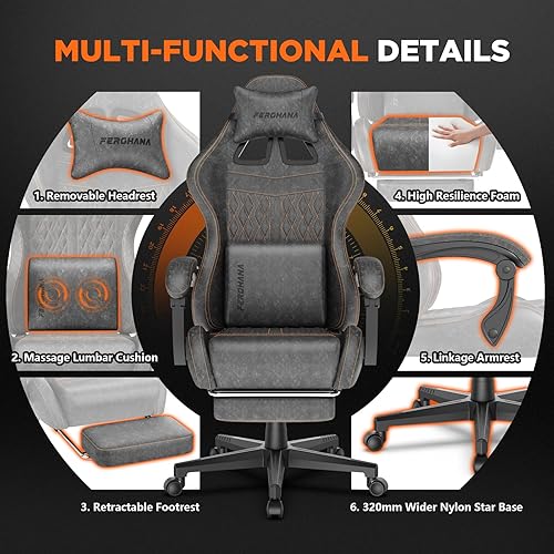 Miniatura 5 de Ferghana Silla vintage de piel sintética para videojuegos, silla de jugador con respaldo alto con masaje, silla ergonómica de oficina para