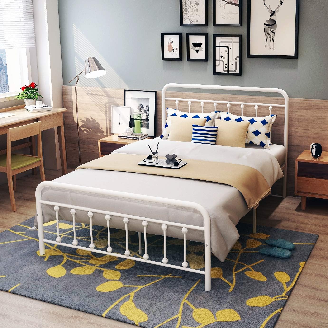 Metal Bed Frame Double Size Footboard Steel Slat Support Foundation Assemble easily, White