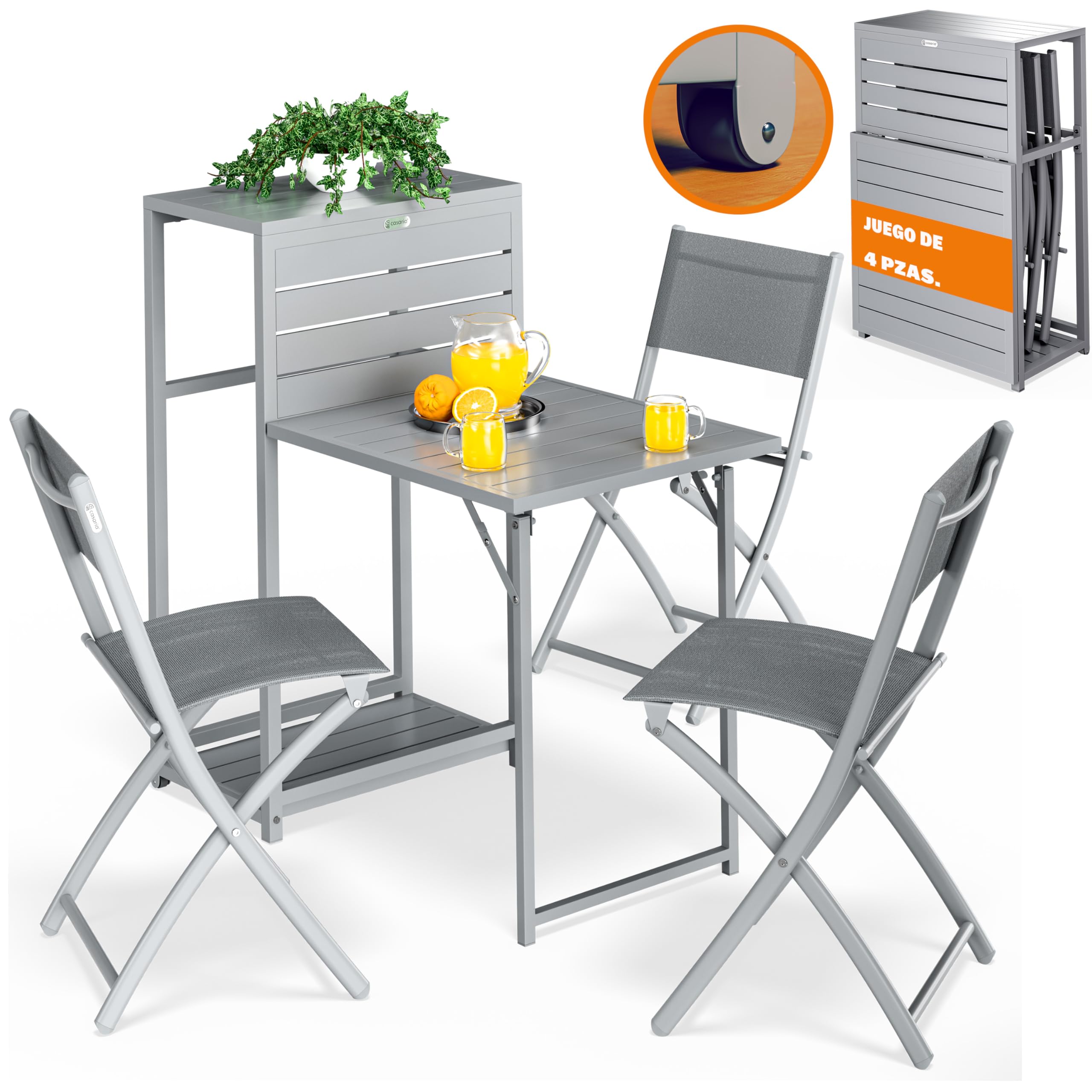 CASARIA® Conjunto Balcón 3 Sillas Mesa Plegable con Ruedas Resistente Intemperie Acero Recubrimiento Polvo Set Terraza