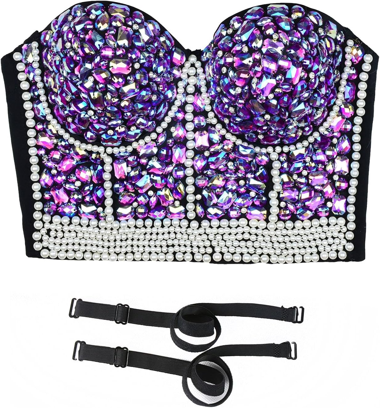 ELLACCI Women's Sexy Rhinestone Bead Bustier Crop Top Club Party Glitter Corset Top Bra Purple - Image 4