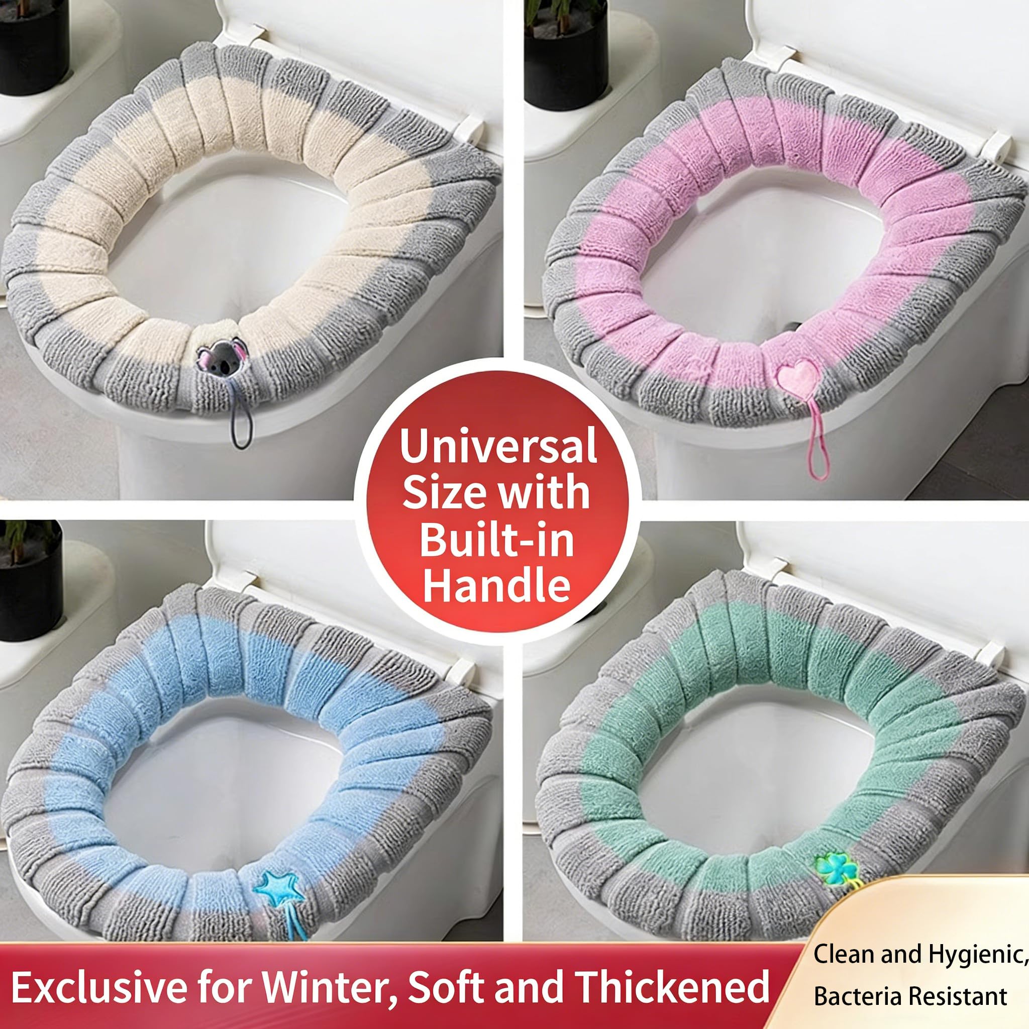 Soft Toilet Seat Cover, Washable Plush Fabric Cushion with Handle, Universal Fit Thick Warm Pad, Assorted Colors, Round, 4 Pack — view 2