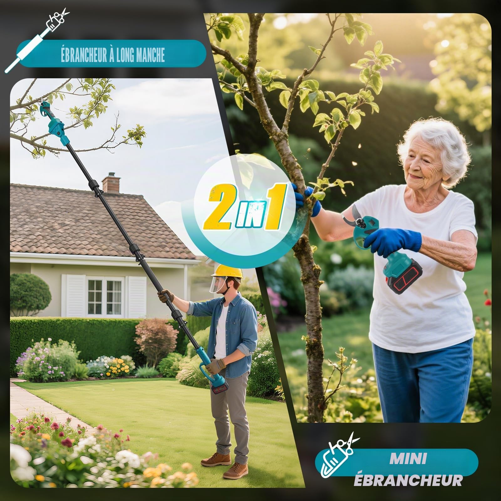 2 en 1 Secateur Electrique Sans Fil, avec 21V 2x3.0 Ah Batteries, Elagueuse sur Perche pour Arbres et Arbustes