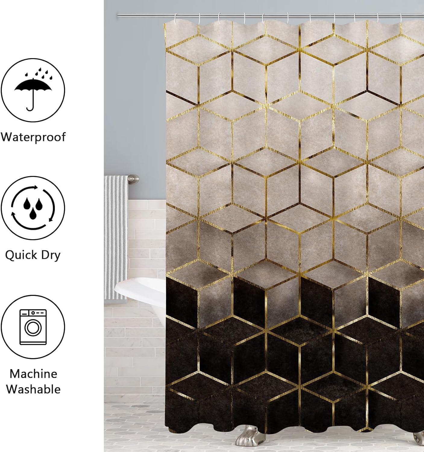Gibelle Shower Curtain Set, Medium Brown Gradient Gold Cubic Lines, 4 Pcs Bathroom Decor with Curtain, Rugs, Toilet Lid Cover, Bath Mat, Accessories