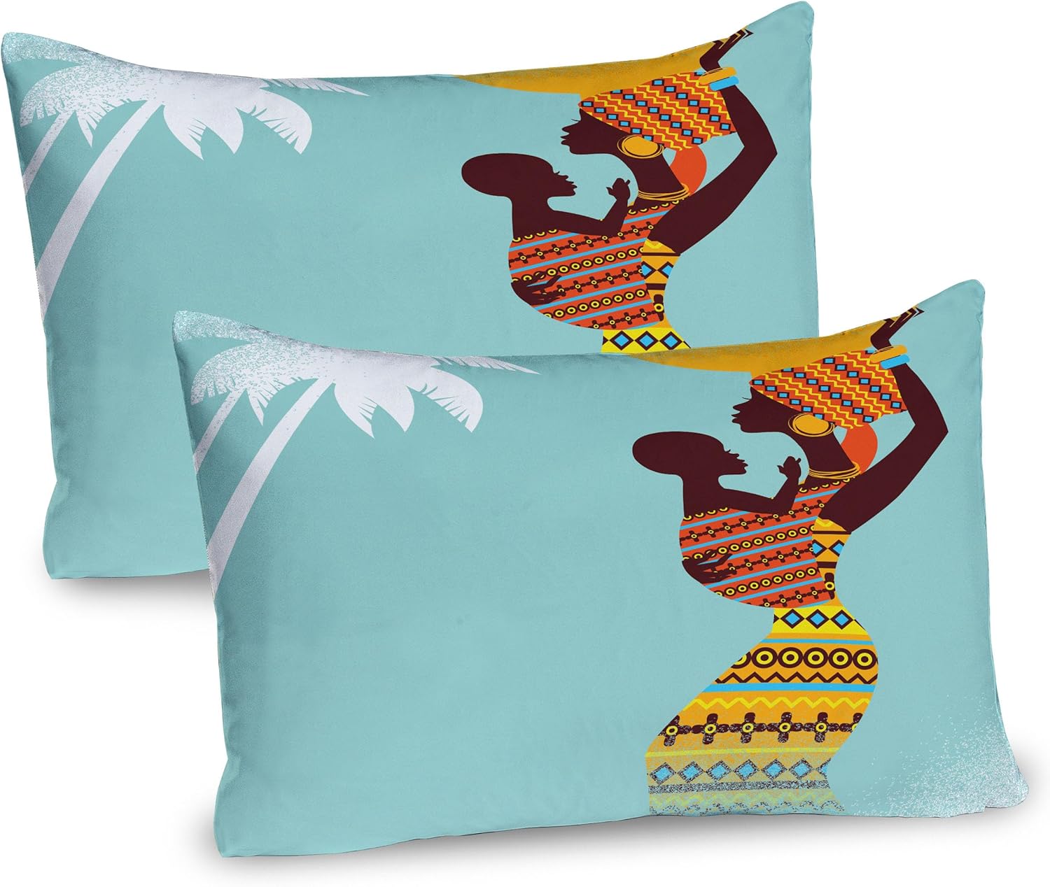 Ambesonne African Pillow Sham Set of 2, Creative Woman in Desert Gulls Flying Around Folk Female Print, Quality Microfiber Bedding Item for All Seasons, 26" x 20", Amber Tan