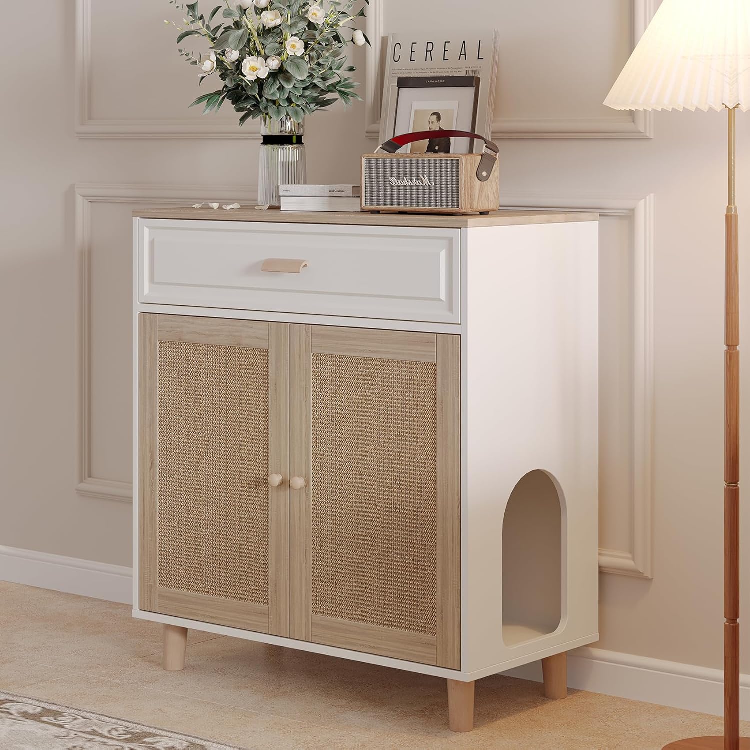 3-in-1 Cat Litter Box Enclosure Furniture Hidden Indoor, Wooden Cat House & Washroom Cabinet Furniture with Scratching Board Doors and Drawer, 31.5"x15.8"x32.5"H