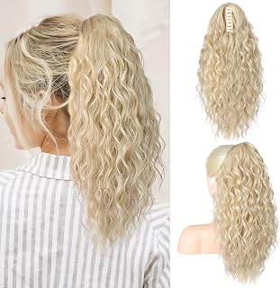 SEIKEA 18" Long Claw Highlight Ponytail Extension, PT002 Tia Multi Layered Hair Wavy Curly Fluffy Thick Jaw Clip in Hair Extensions Ponytail Soft Natural Ash Blonde White Blonde Highlights