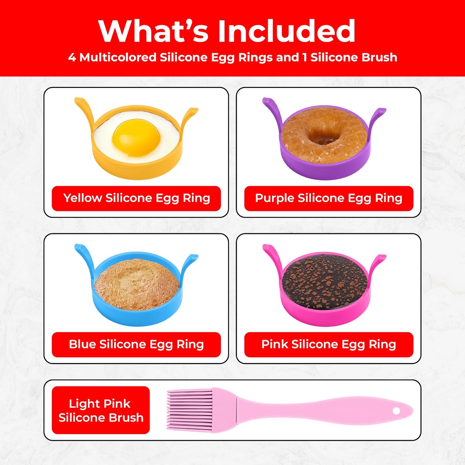 4-Pack Silicone Egg Rings for Frying with Brush – Non-Stick Fried Egg Moulds | Heat-Resistant Pancake Rings | Round Egg Cooking Moulds for Perfect Eggs, McMuffins, Crumpets & More