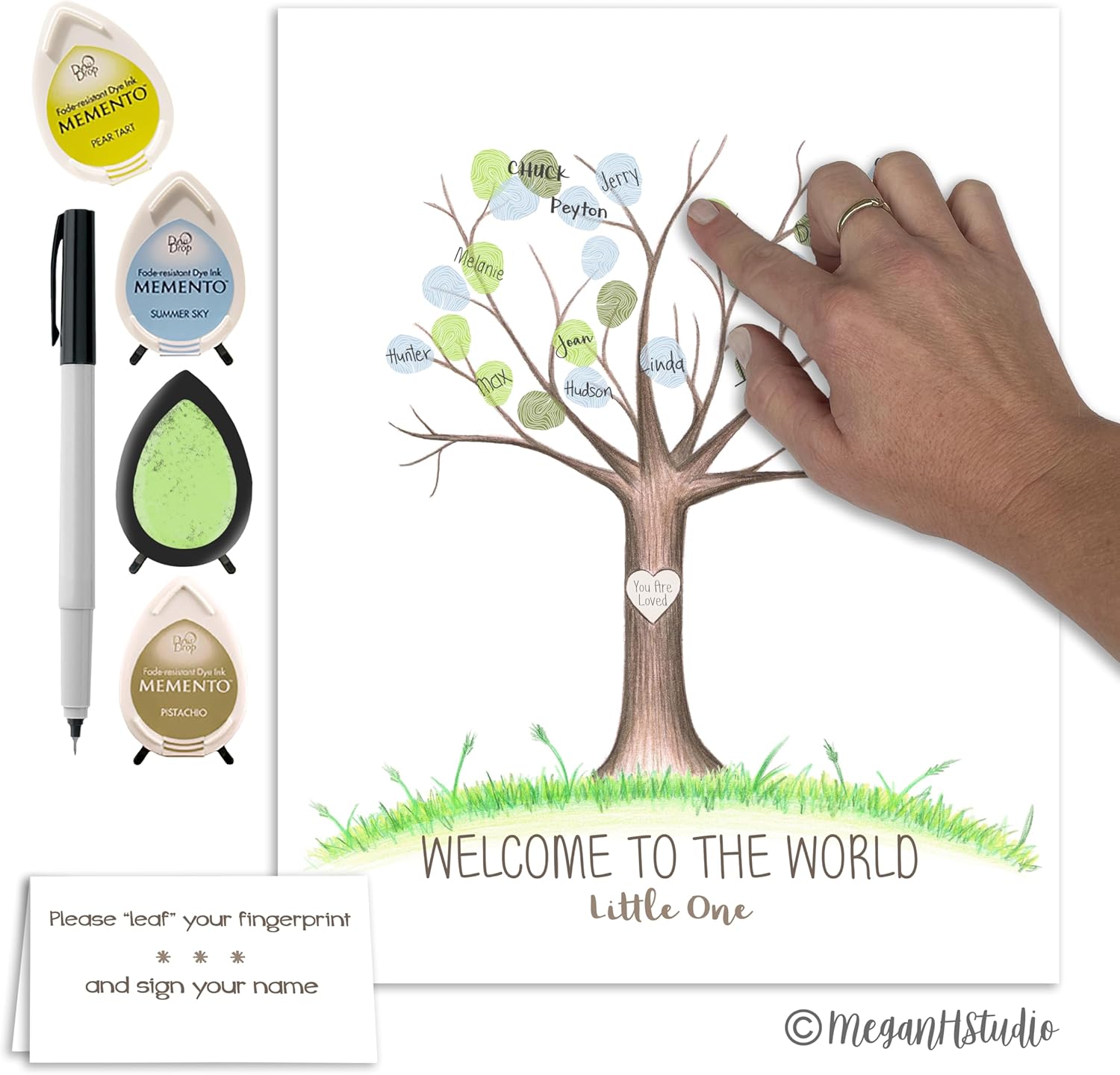 Boy's Baby Shower Fingerprint Tree Guestbook Alternative Set with Blue and Green Ink Pads, Boy's Baby Shower Supplies, Thumbprint Tree with Ink Pads