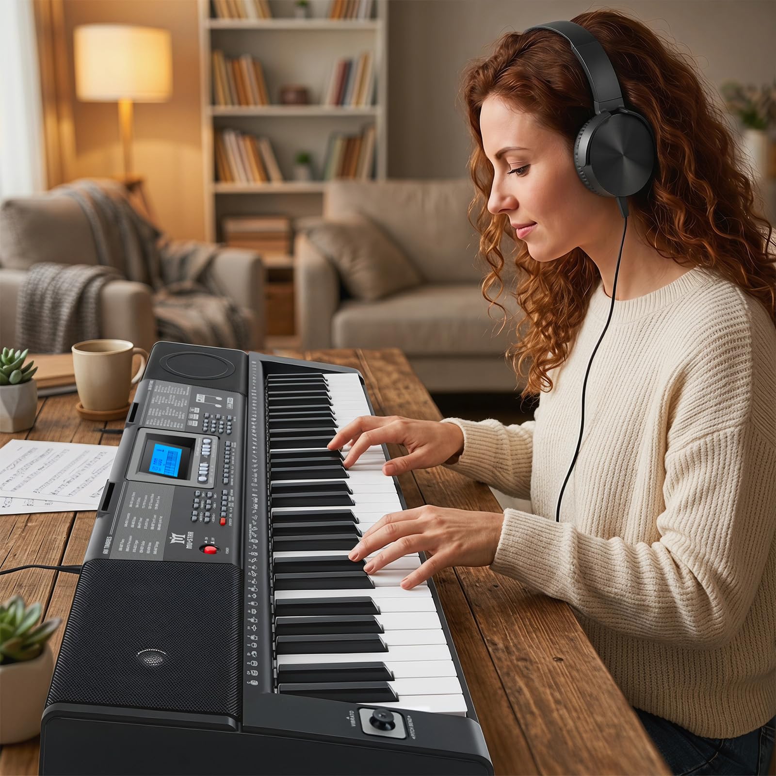 Mustar 61-Tasten-Keyboard-Klavier, elektronische berührungsempfindliche Tasten, tragbar, Kopfhörer, Mikrofon, Klavierständer und Hocker, Tasten in voller Größe, LCD-Bildschirm
