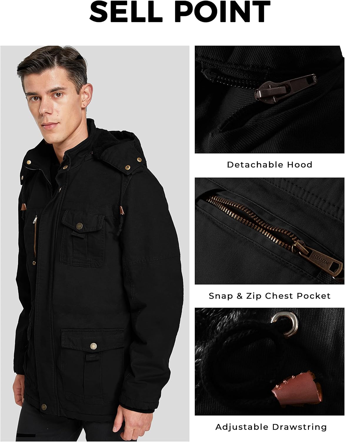 WenVen Men's Winter Jacket Sherpa Lining Wool Trench Coat Casual Warm Parka Coat With Detachable Hood