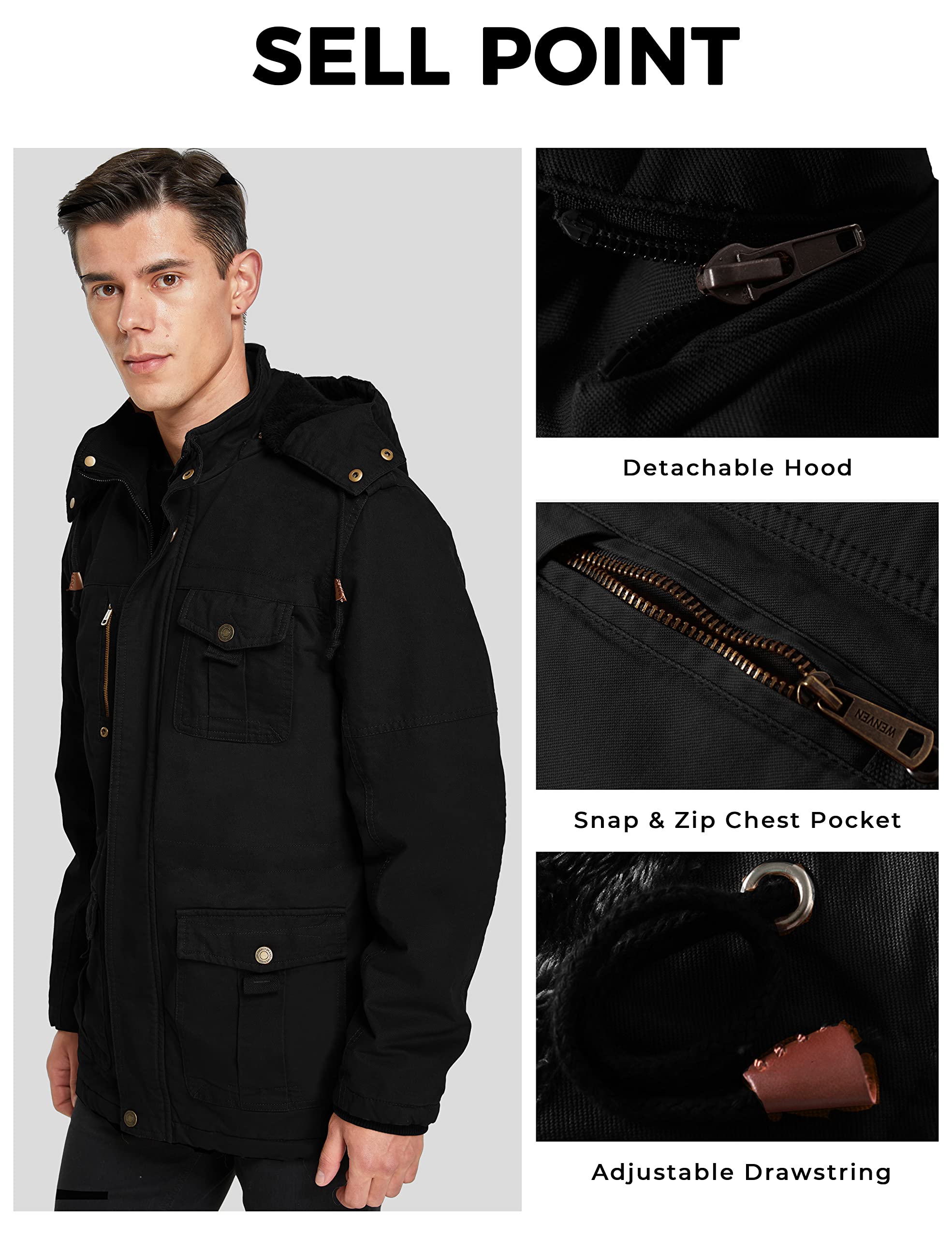 WenVen Homme Veste Décontractée à Capuche Hiver Chaud Manteau d'Extérieur Classique Veste Militaire Cargo Style Manteau Doublure Polaire