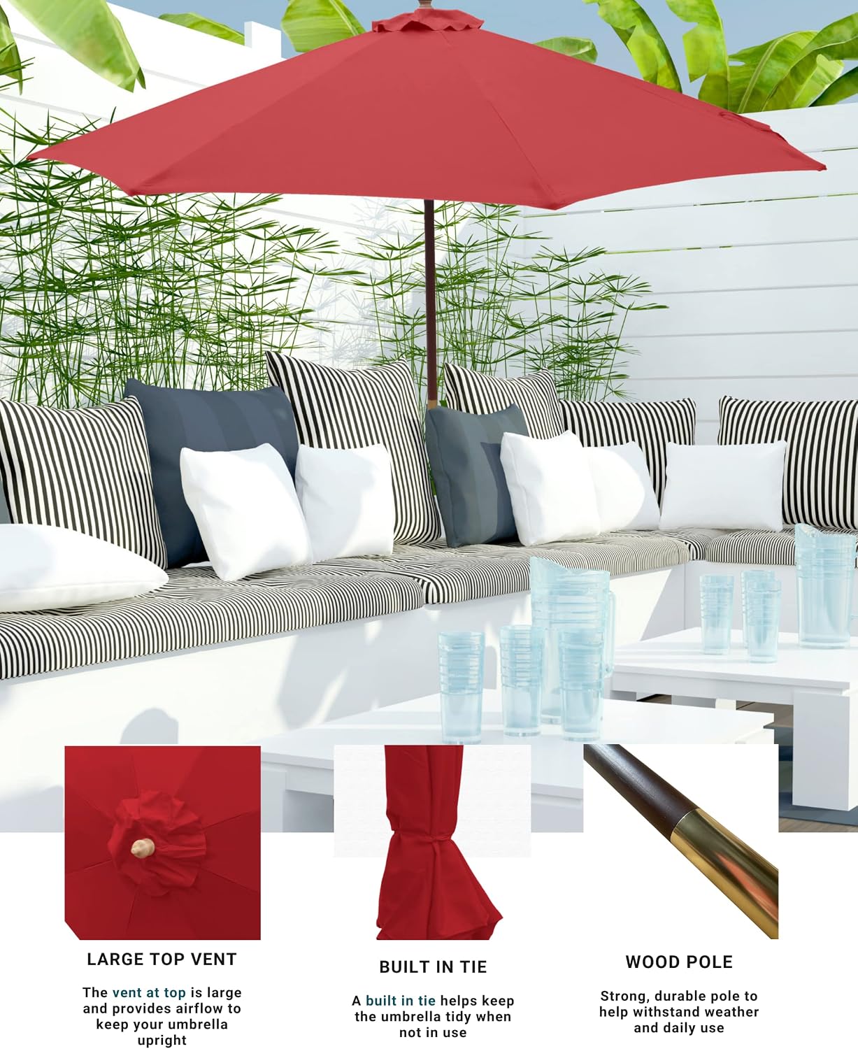 Formosa Covers 7 ft Brick Red Wood Outdoor Patio Umbrella Market Style - Tilt Mechanism Eucalyptus Teak Oil Finish