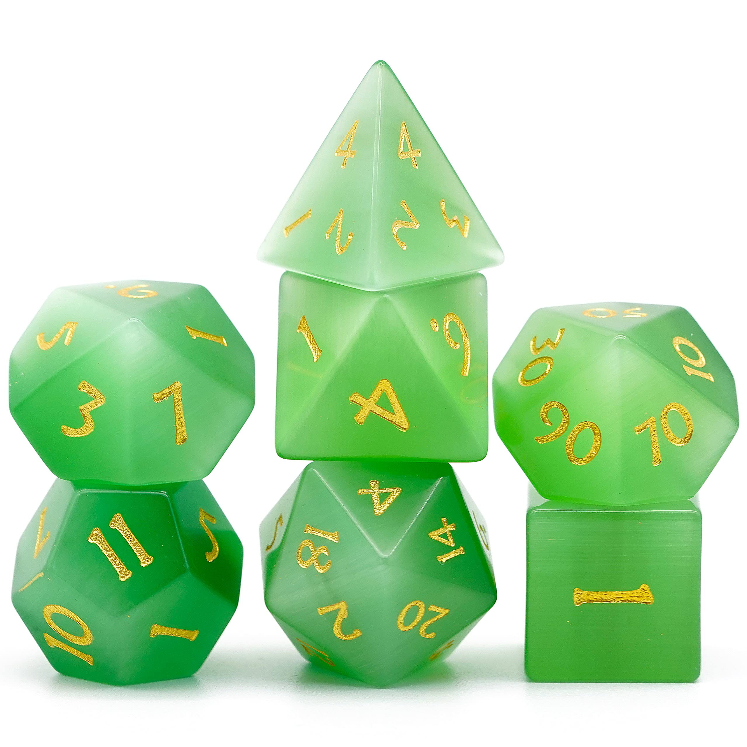 World of Dice - Katzenauge Edition - edles Würfelset aus echtem Schmuckstein, 7-teiliges Würfelset für RPG, Pen and Paper, DND, DSA, D4 bis D20