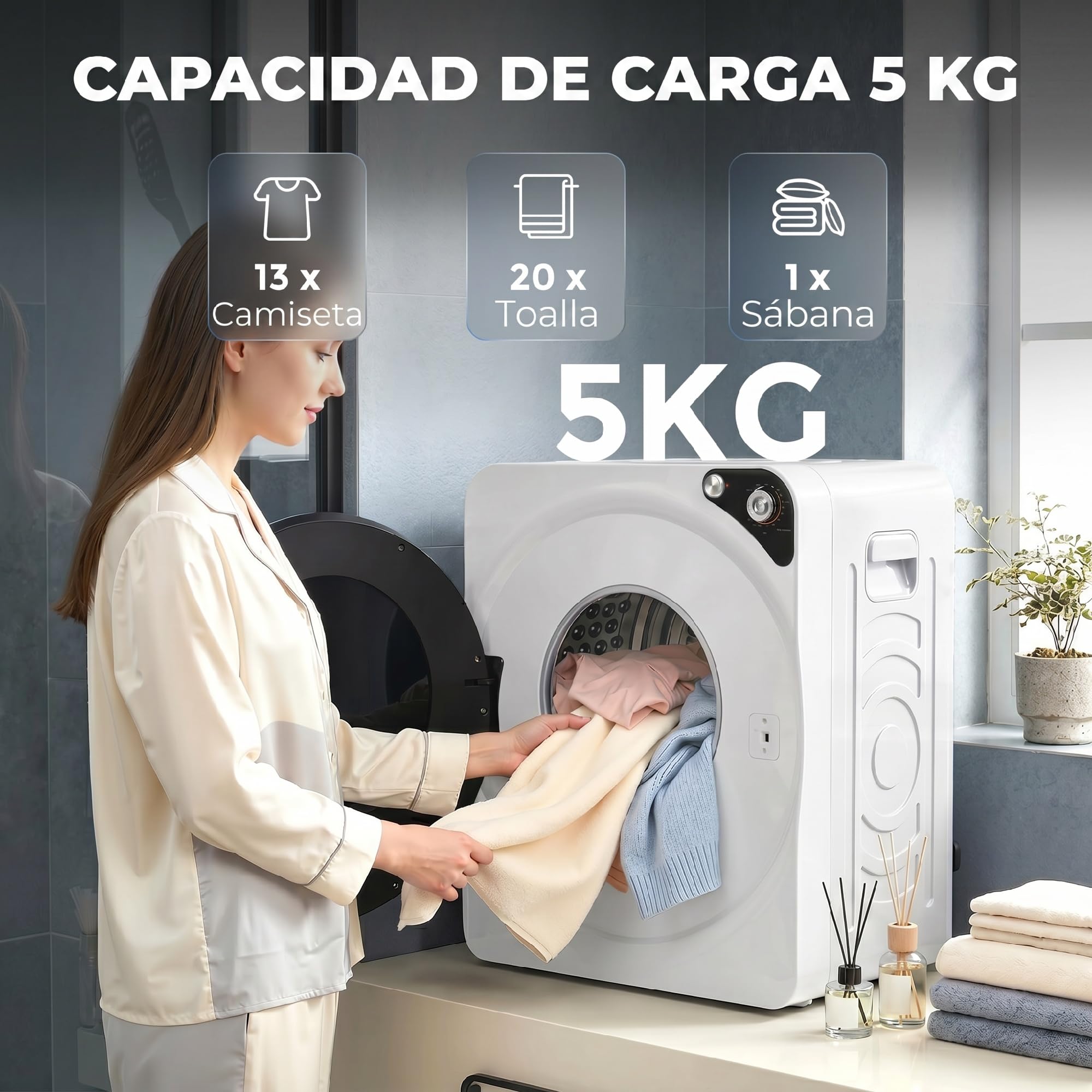 HOMCOM Secadora de Ropa 5 kg, Secadora de Evacuación Compacta 1000W, 5 Programas, Temporizador, Función Esterilizar, Tambor de Acero Inoxidable, Apilable o para Piso, Blanco