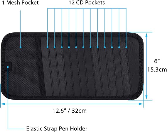 CD Visor Holder for Car, 12 DVD Sleeves Organizer Disc Storage Case, Black