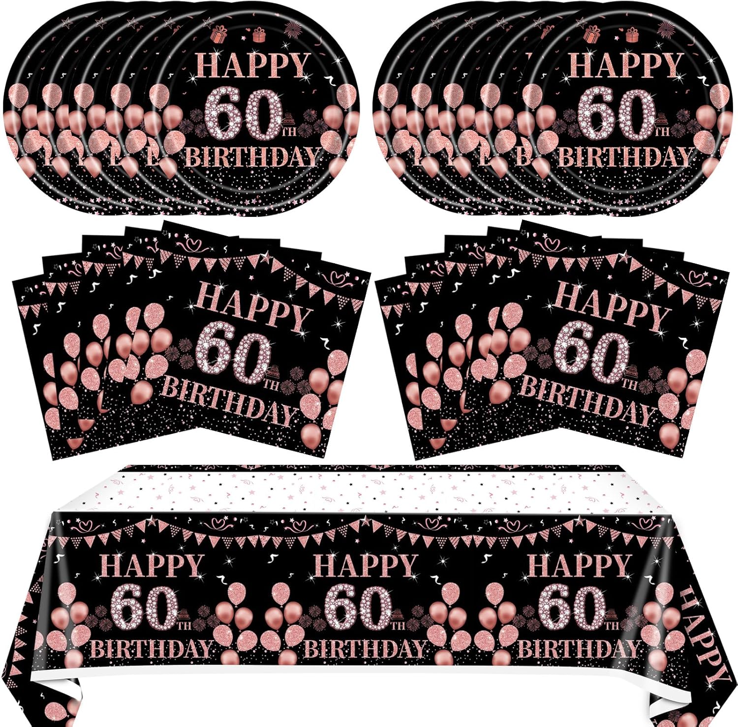 41PCS 60th Birthday Decorations for Women Vintage Rose Gold Black 1966 Party Supplies Kit Include 60th Birthday Plates and Napkins,Tablecloth Set 60 Years Brithday Party Tableware for Girls Women