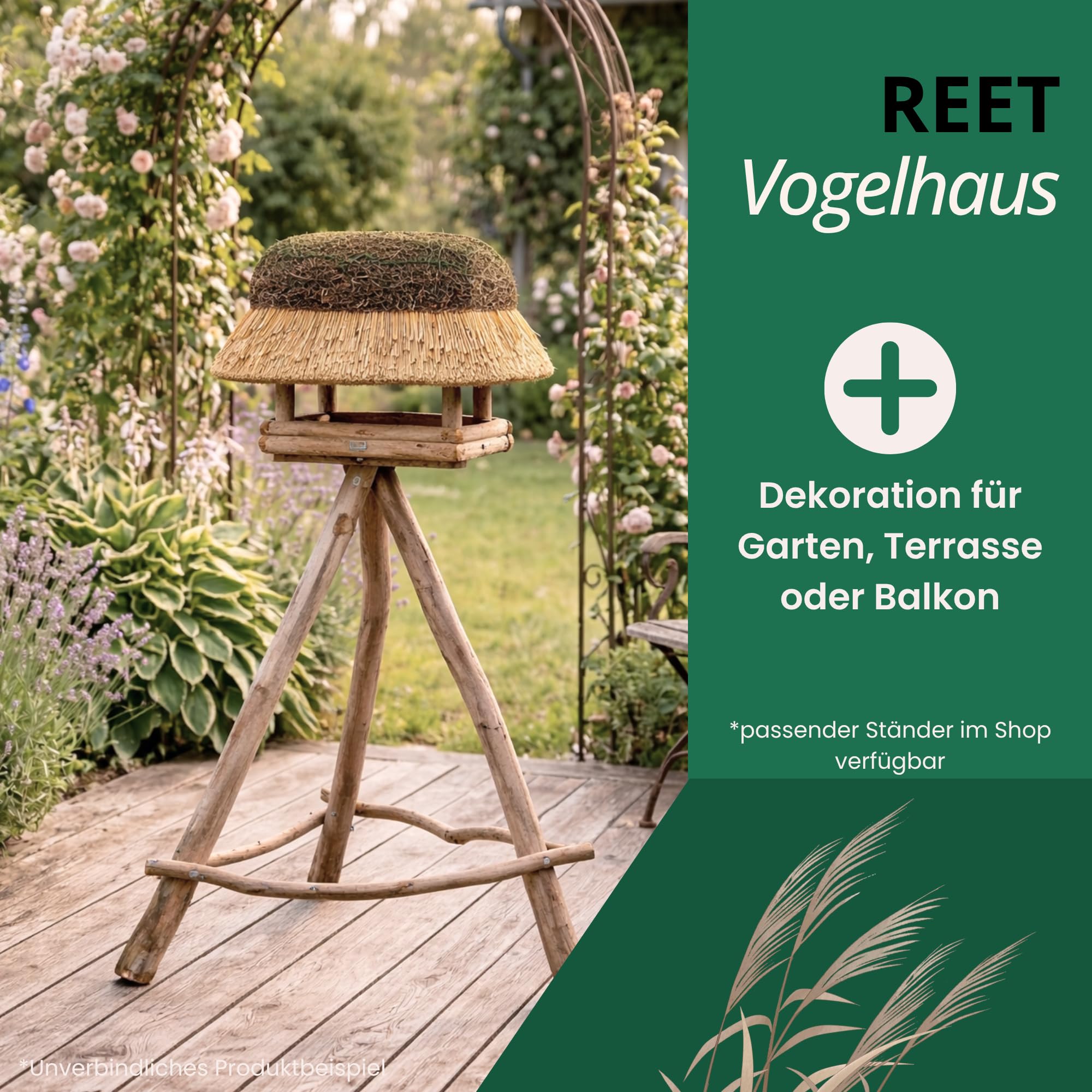 Vogelfutterhaus, Vogelhaus - mit Reetdach I Futterhaus für Vögel aus Eukalyptus Holz I LÜNEBURG I ideal für Balkon und Garten I wetterfest I XL Größe (ca. 65 cm Länge)