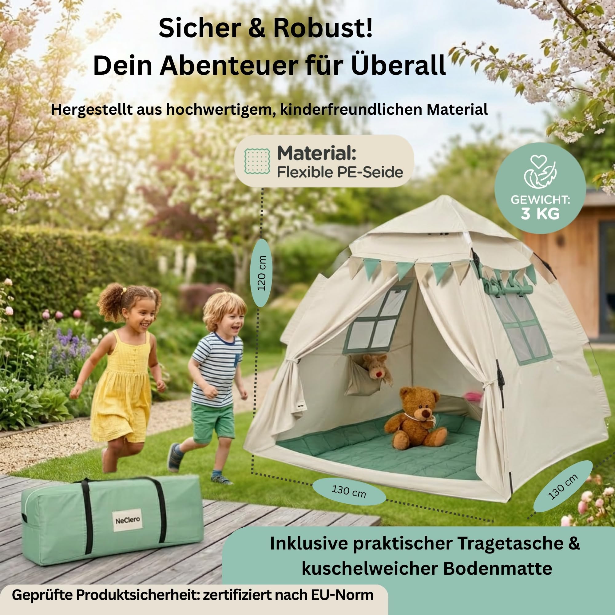 Spielzelt Kinder Indoor mit Bodenmatte & Tragetasche [Schneller Aufbau/Abbau] Maschinenwaschbar schadstofffrei Tippi Kinderzelt Indoor Outdoor Spielhaus Zelt Kinderzimmer Tipi Zelt für Kinder