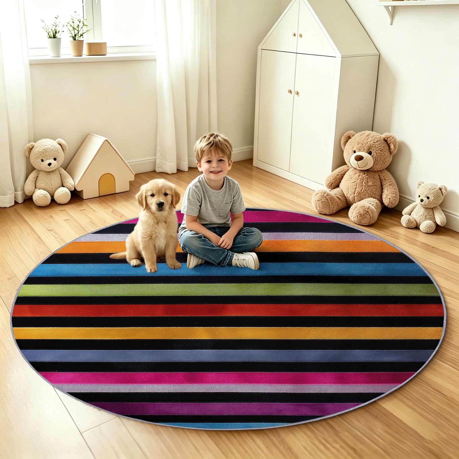 Tapis Chambre Enfant Fille Garçon Rond Ø 160 cm Pop Couleurs Contrastées Tapis de Sol Décoration Antidérapant - Doux Rampant pour Salon Cuisine Table Basse Table de chevet, Rayure Arc‑En‑Ciel