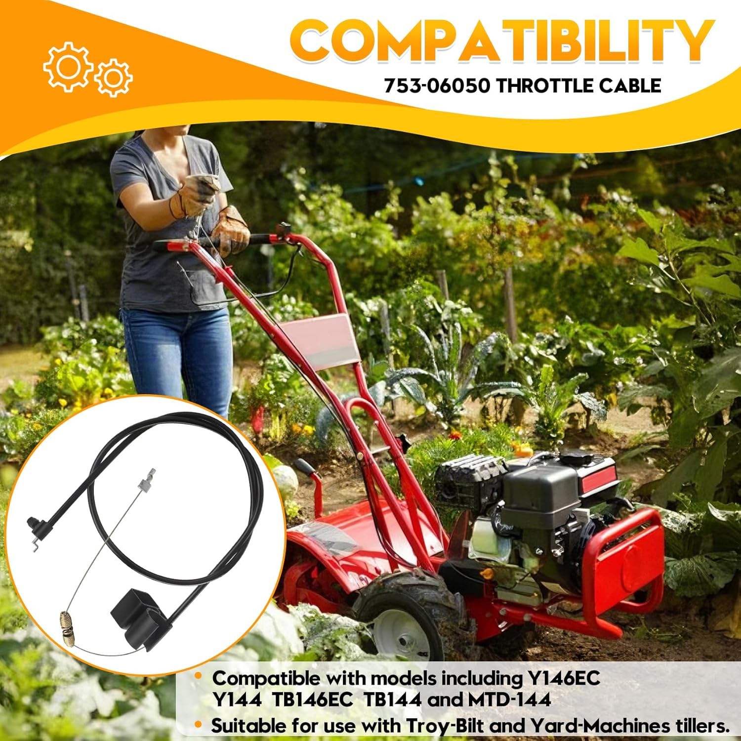753-06050 Throttle Cable, Compatible with Troy-Bilt MTD Yard-Machines Y146EC TB144 Rototillers | OEM Replacement Throttle Cable