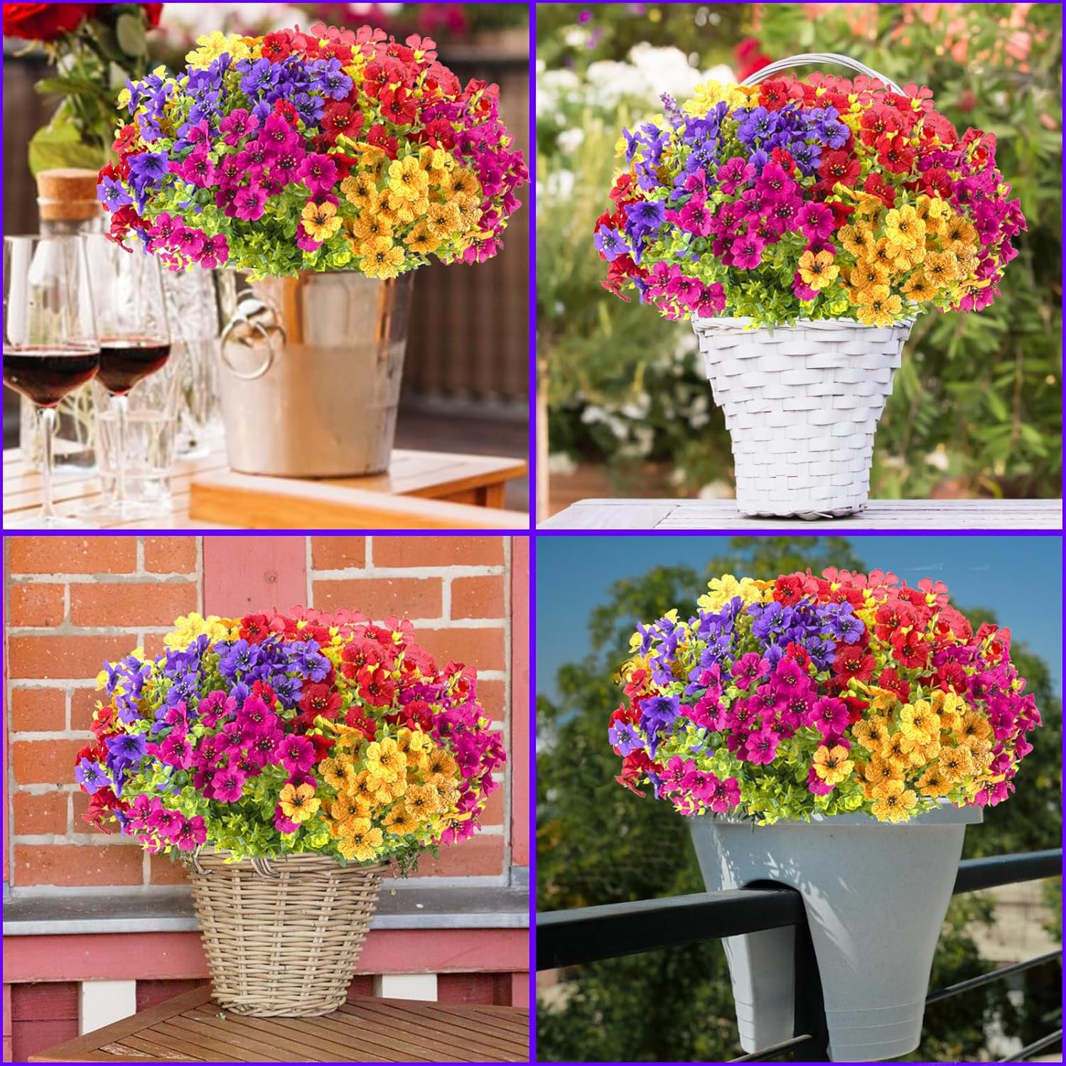 18 Bundles Artificial Flowers for Outdoors, Faux Violet Silk Spring Plants, UV Resistant for Porch Window Box Hanging Flower Pots Vases Farmhouse Decoration (Purple, Yellow, Red, Magenta)